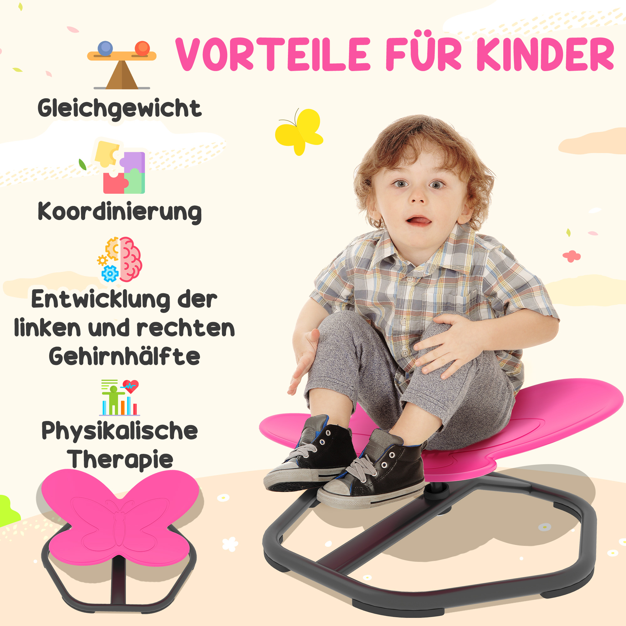 Sensorischer Drehstuhl für Kinder, Schmetterlings-Form, fördert Balance und Koordination, Kunststoff, Metall, Rosa