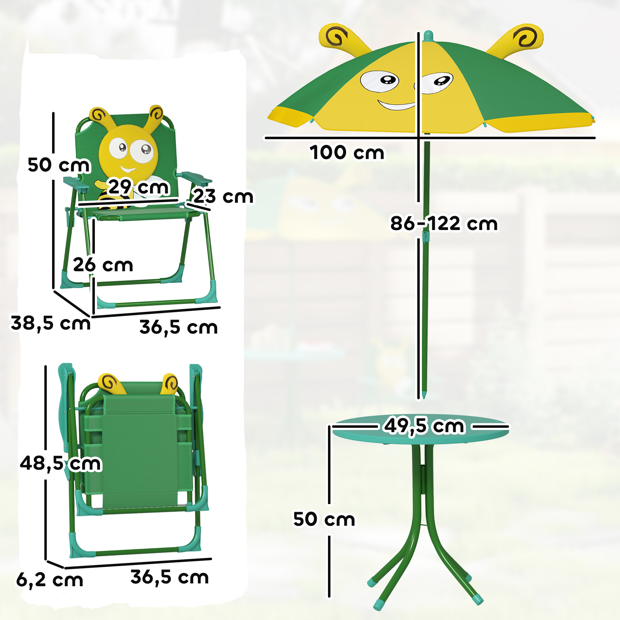 Gartenmöbel-Set für Kinder, Stühle, Tisch, Sonnenschirm, Bienen-Design, Grün+Gelb