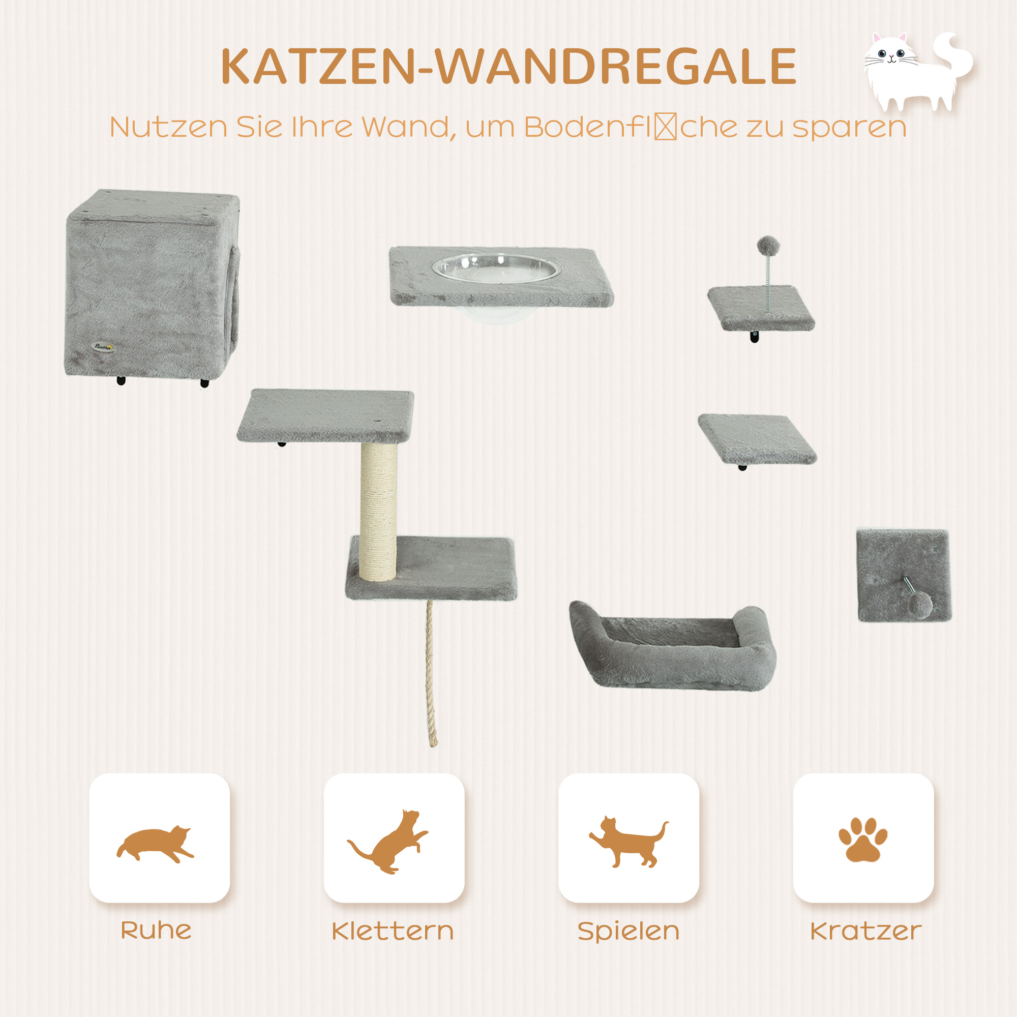Kletterwand Katzen 7-teilig Katzen Kletterwand Set mit Katzenhaus, Plattform, Plattform Grau