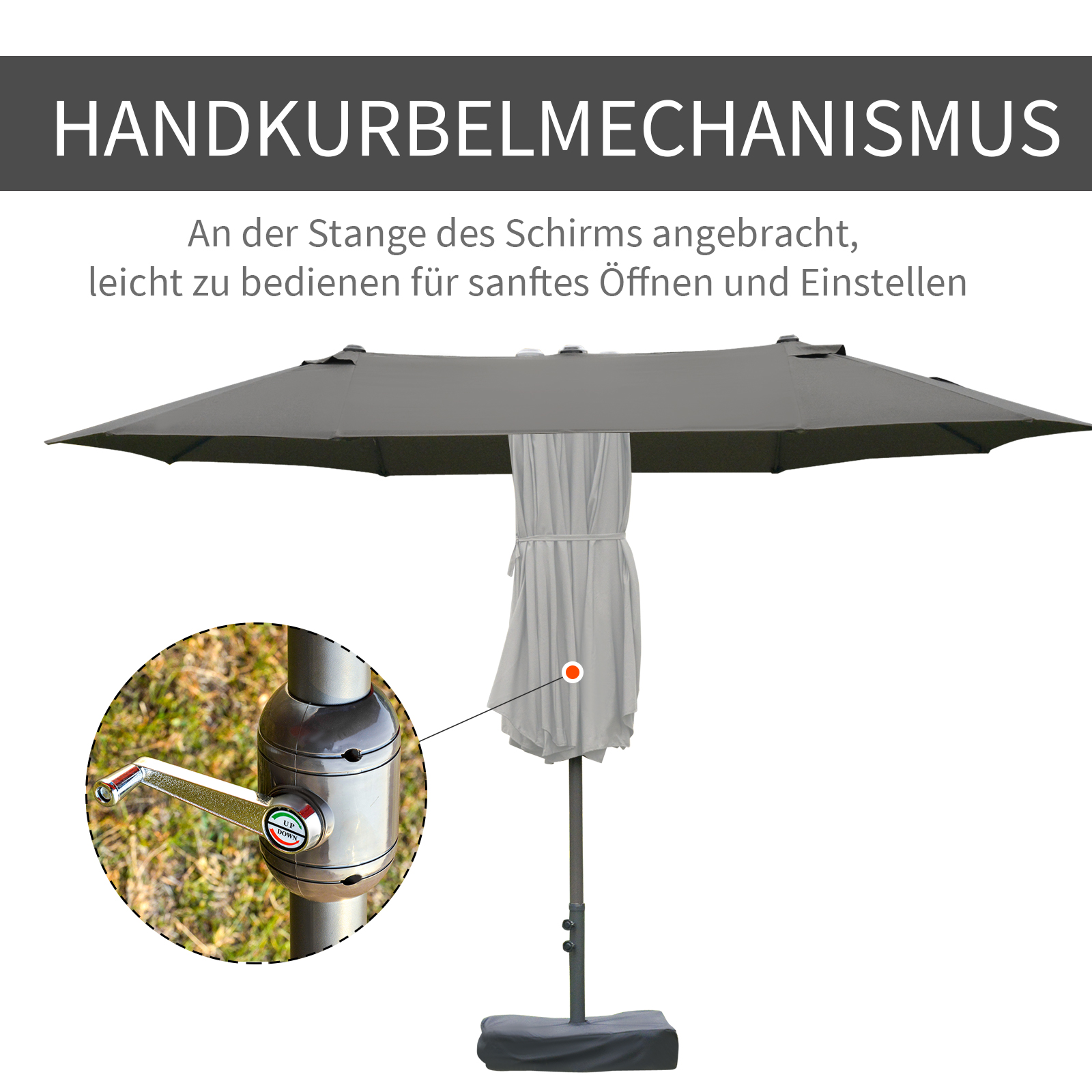 Sonnenschirm Gartenschirm Marktschirm Doppelsonnenschirm Terrassenschirm mit Schirmständer Handkurbel Dunkelgrau Oval 460 x 270 x 240 cm