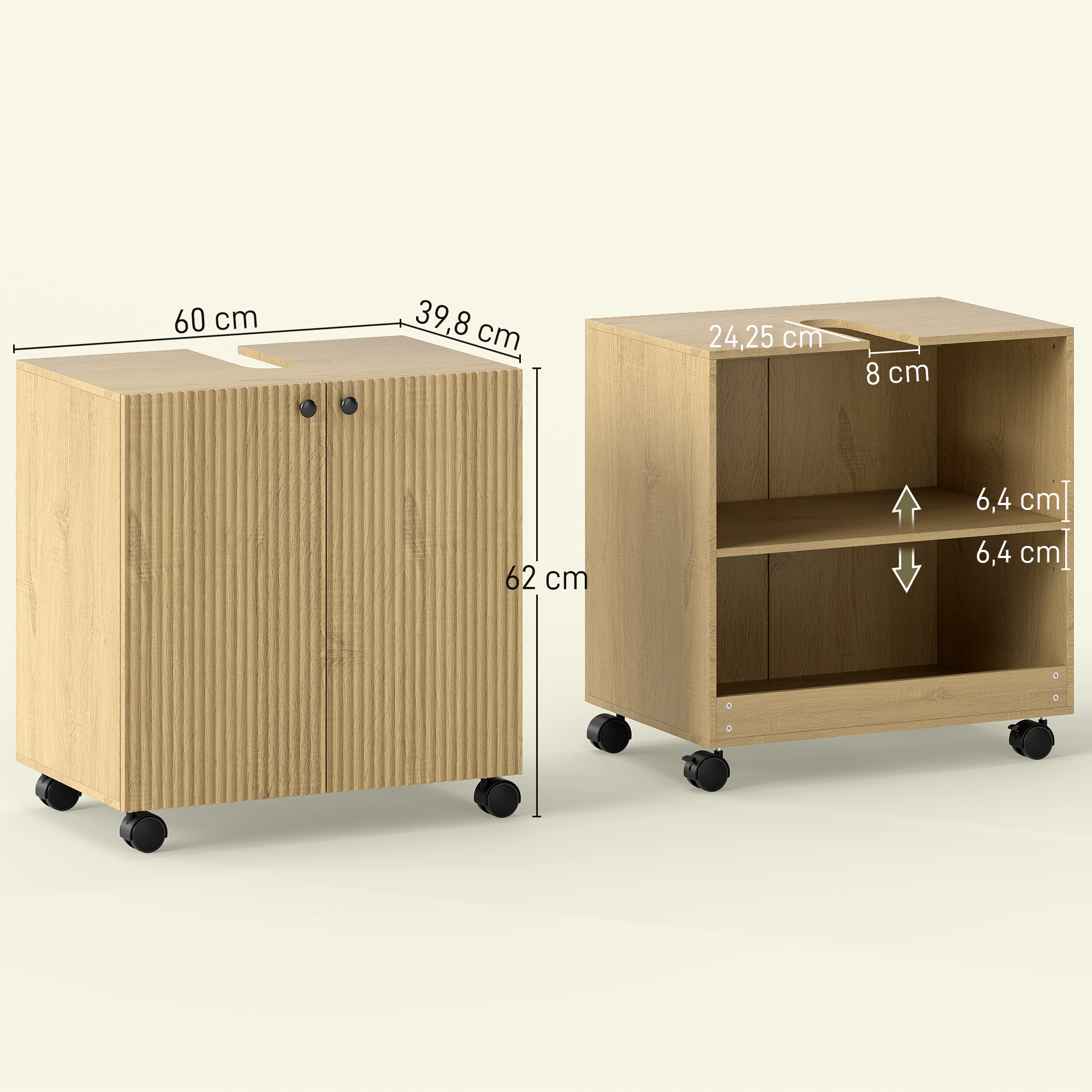 Waschbecken-Unterschrank für Badezimmer, 3-stufiges Regal, Räder, Holz