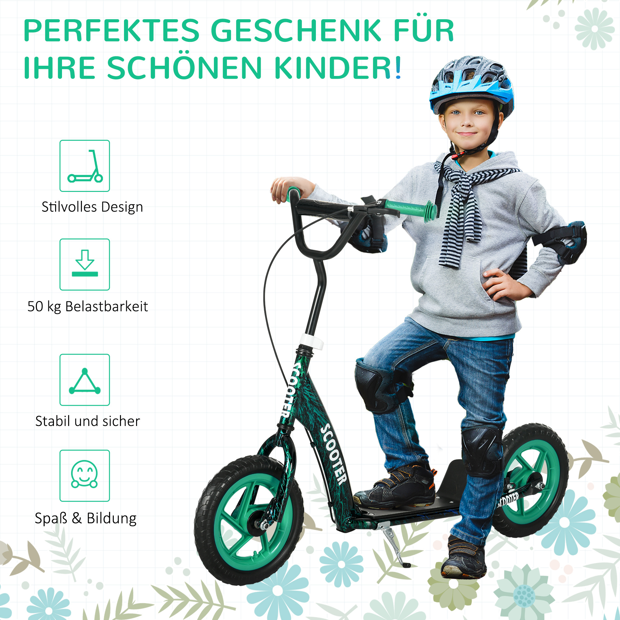 Kinderroller, höhenverstellbarer Tretroller für Kinder, mit Bremse, Ständer, 2 Räder, Stahl, Grün