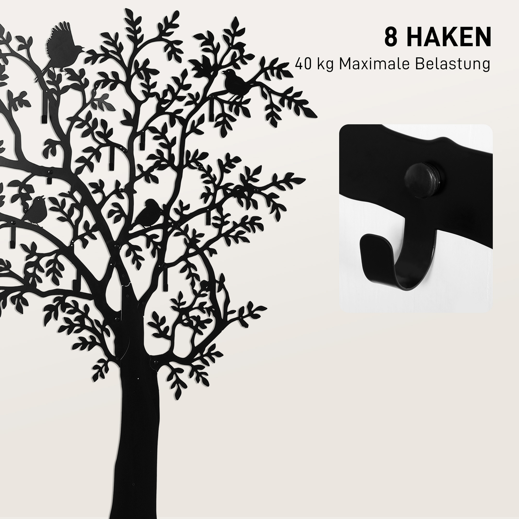 Wandgarderobe, Wandmontierter Mantelhaken, Baumdesign mit Vögeln, Schwarz