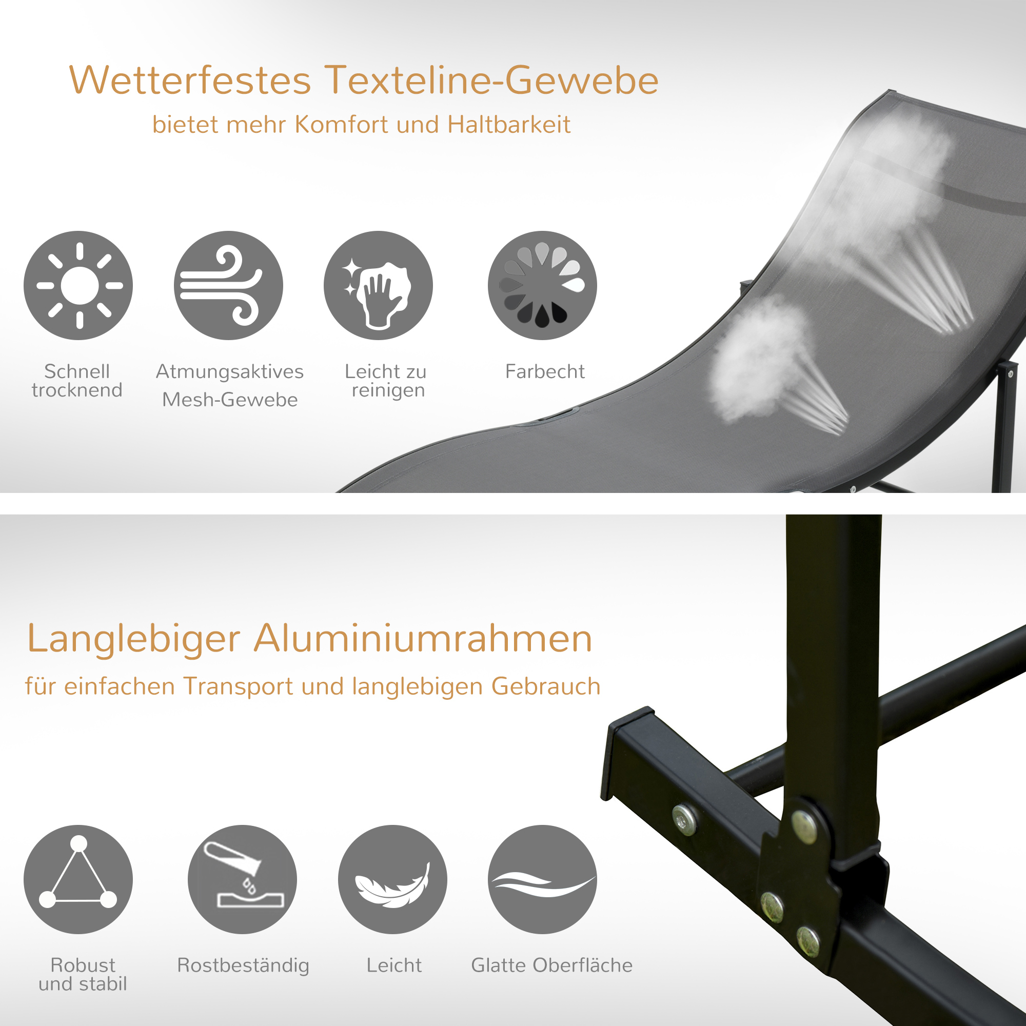 2er Set Sonnenliege Gartenliegen Stoffliege Relaxliege ergonomisch Aluminium Texteline Dunkelgrau 165 x 61 x 63 cm
