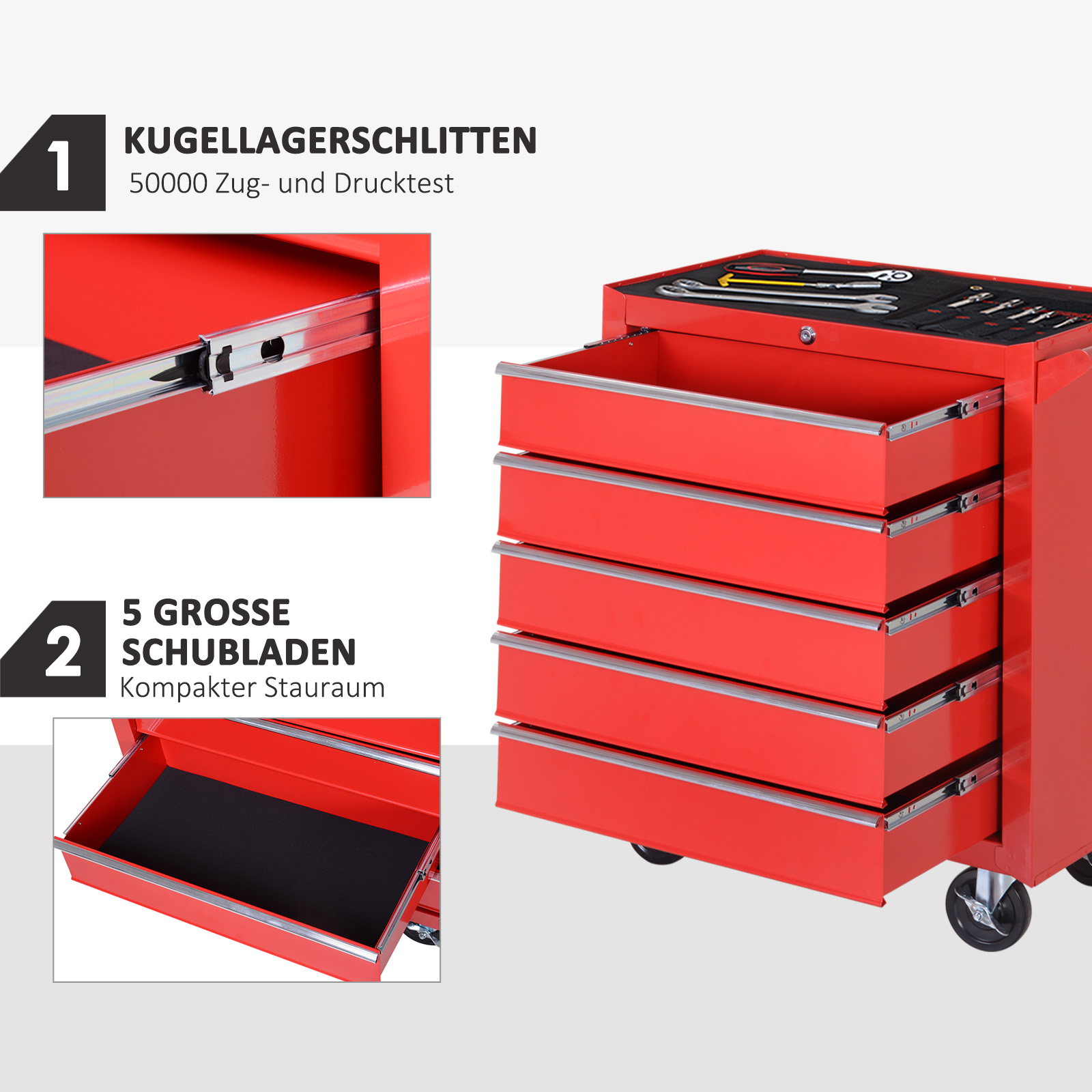 Rollschrank, Werkzeugschrank für Garage, Schuppen, Stahl, 69L x 33B x 75H cm, Rot