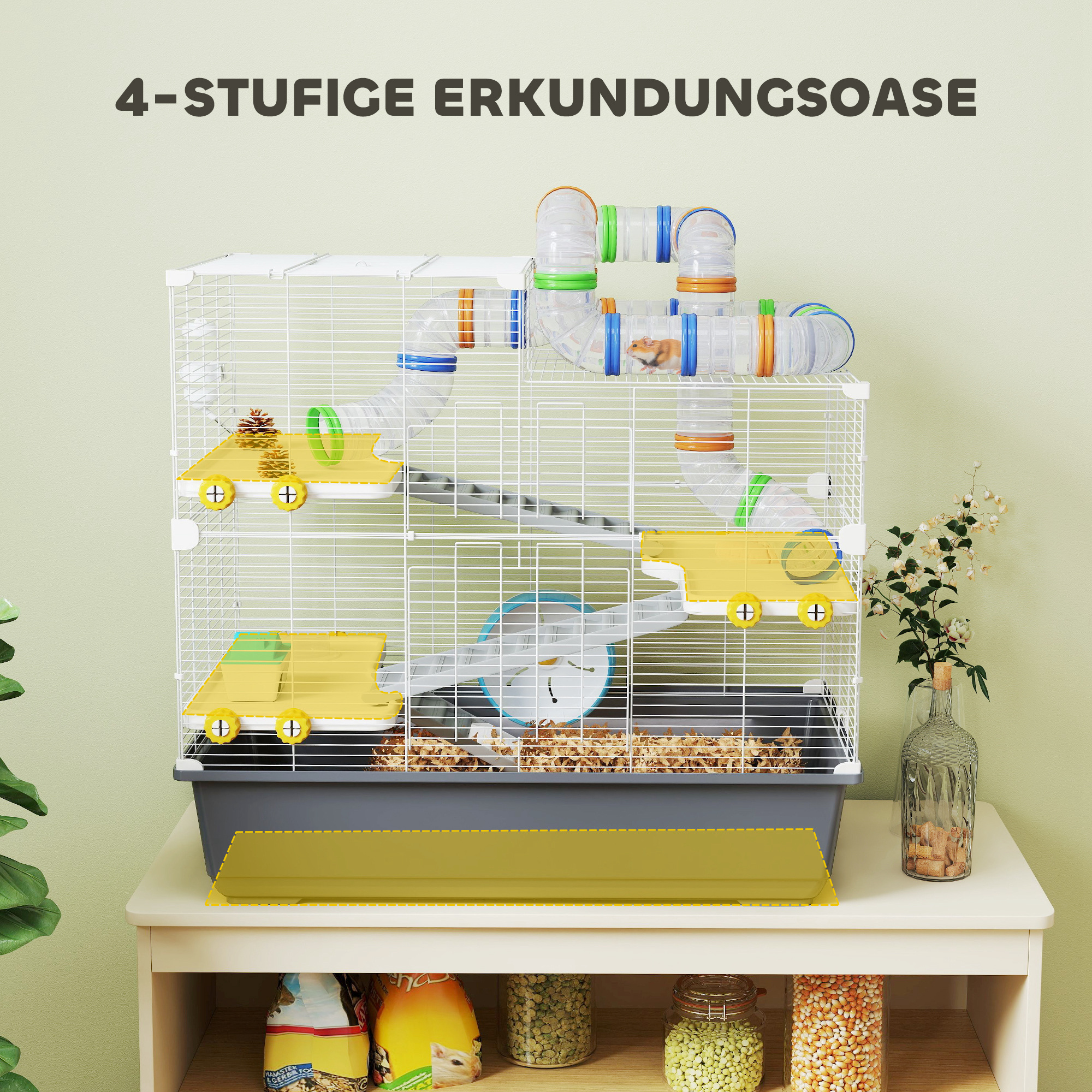 Zwerghamsterkäfig, 4 Ebenen, Tunnelsystem, Hütte, Zubehör, obere Öffnung, 78 x 45 x 73 cm, Grau