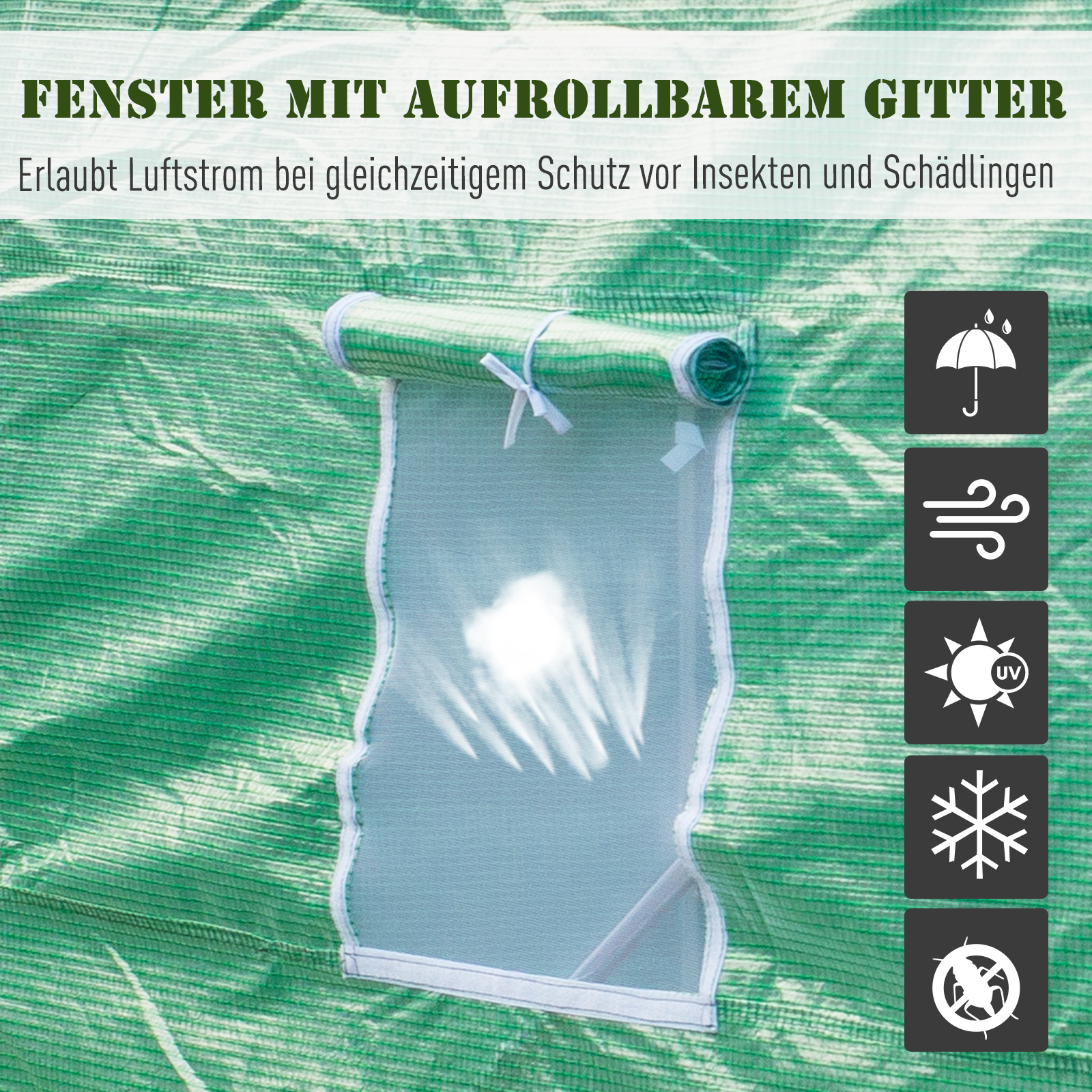 Gewächshaus 445x190x200cm Foliengewächshaus Tomatenhaus Tür mit Moskitonetz, Fenster, Folientunnel aus verzinktem Stahl, stabiles Pflanztunnel, Treibhaus inkl, Erdanker Seilen, Grün