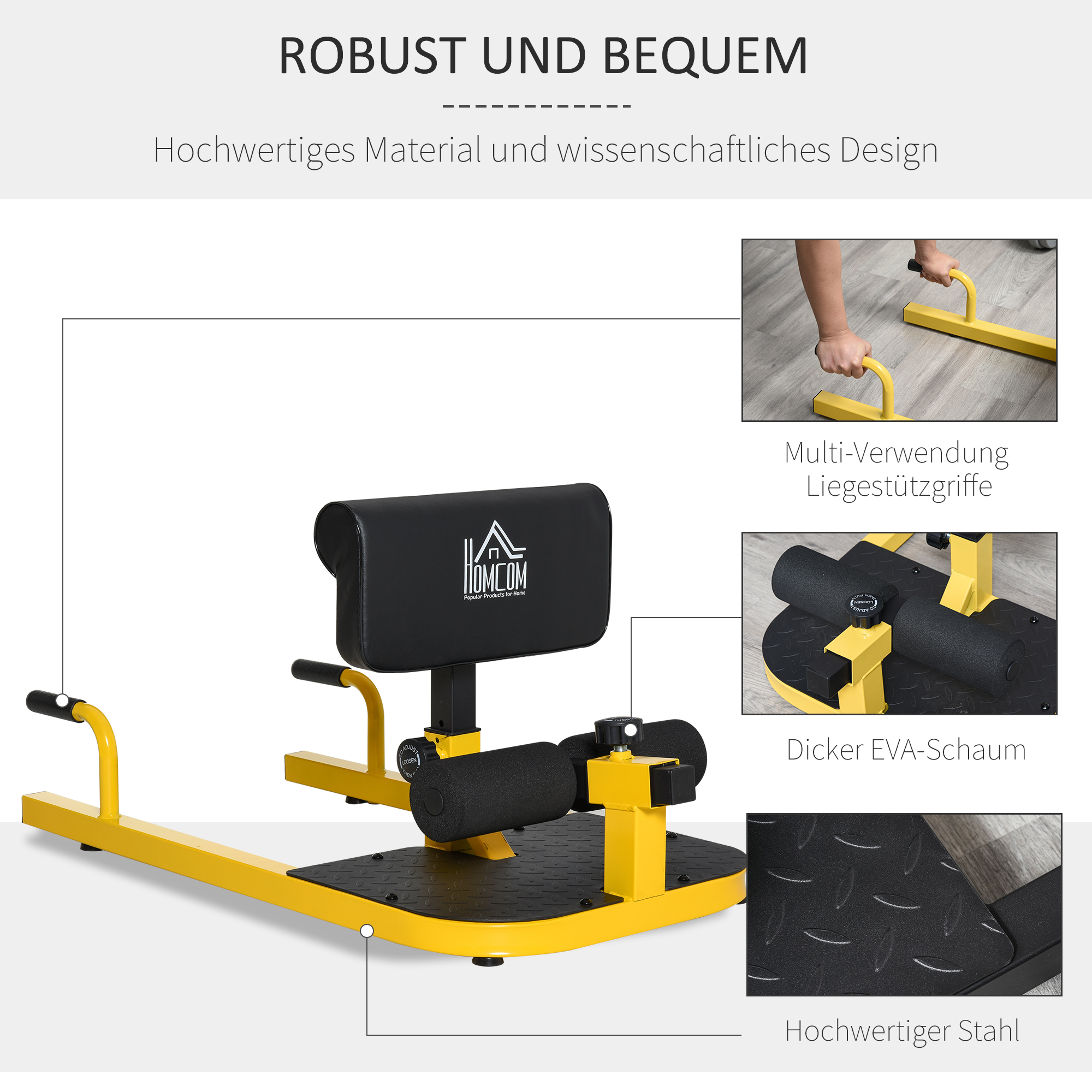 Sissy Squat Kniebeugentrainer Beintrainer Bauch-Gesäß-Trainer 3 in 1 Trainer verstellbar bis 120 kg Stahl Gelb+Schwarz 50 x 97 x (44,5-56,5) cm