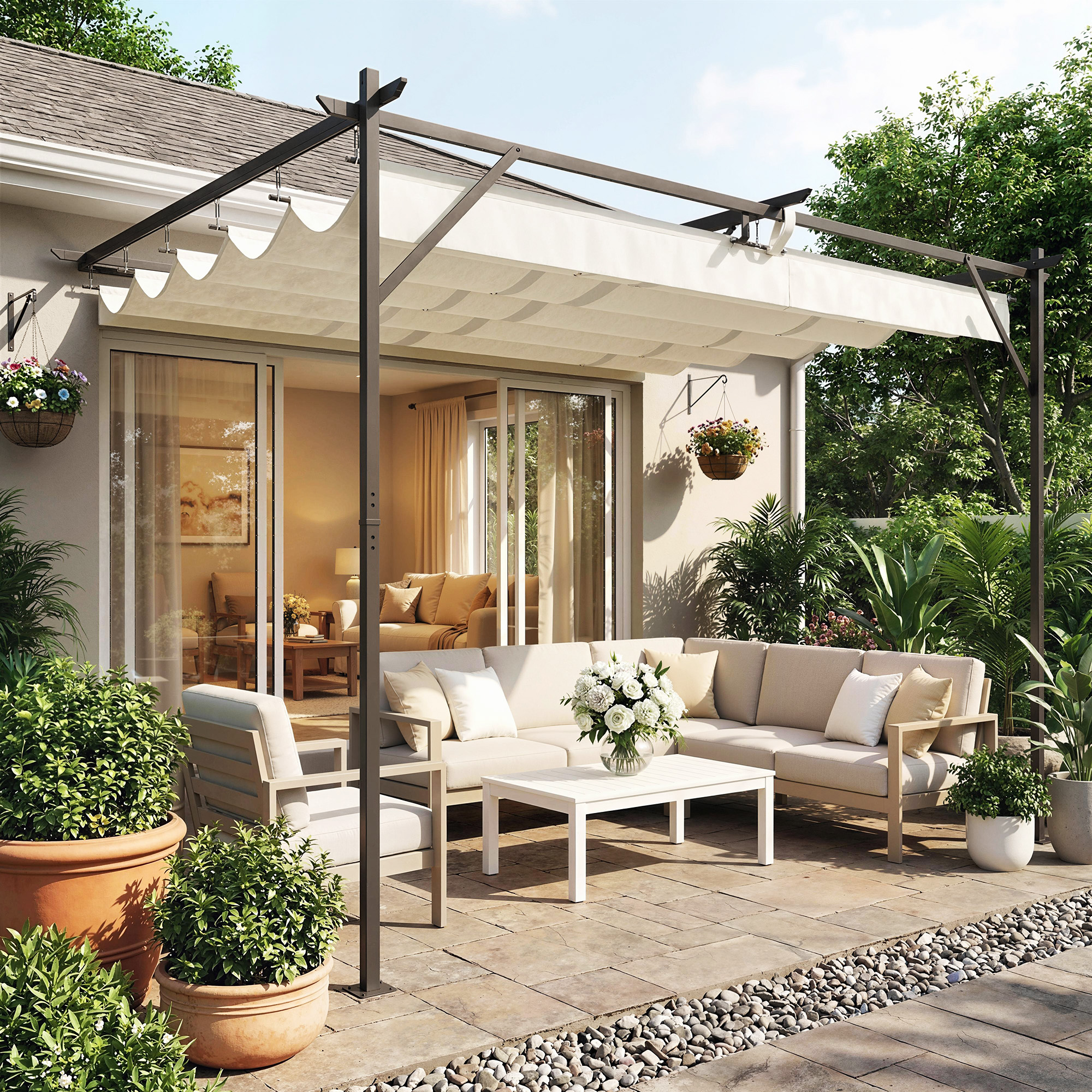Terrassendach Pergola ca, 4x3m Terrassenüberdachung mit Verstellbares Dach, Wandmontage UV 30+ Cremeweiß