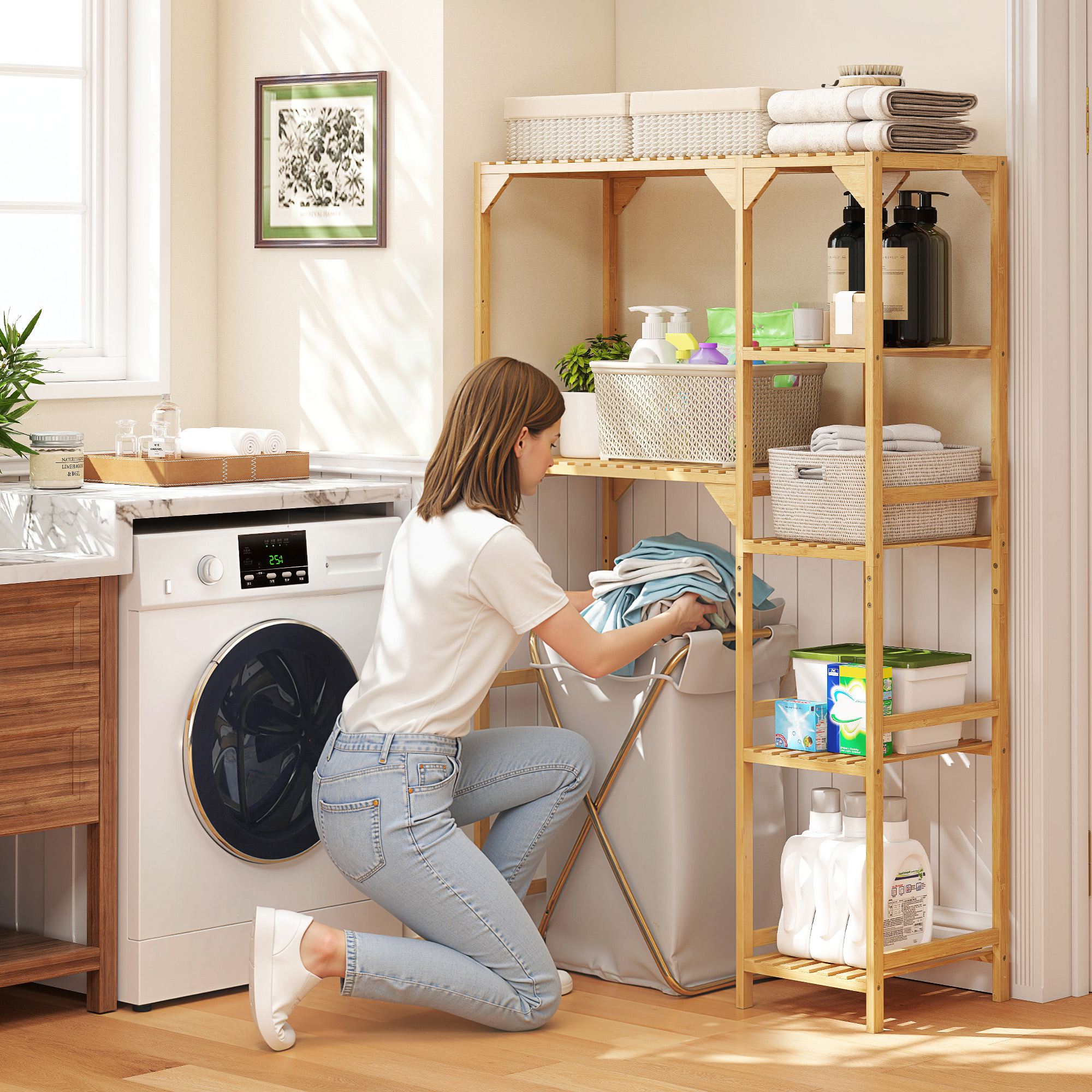 Waschmaschinenregal, mehrere offene Fächer, für Wäsche, Zubehör, Bambusholz