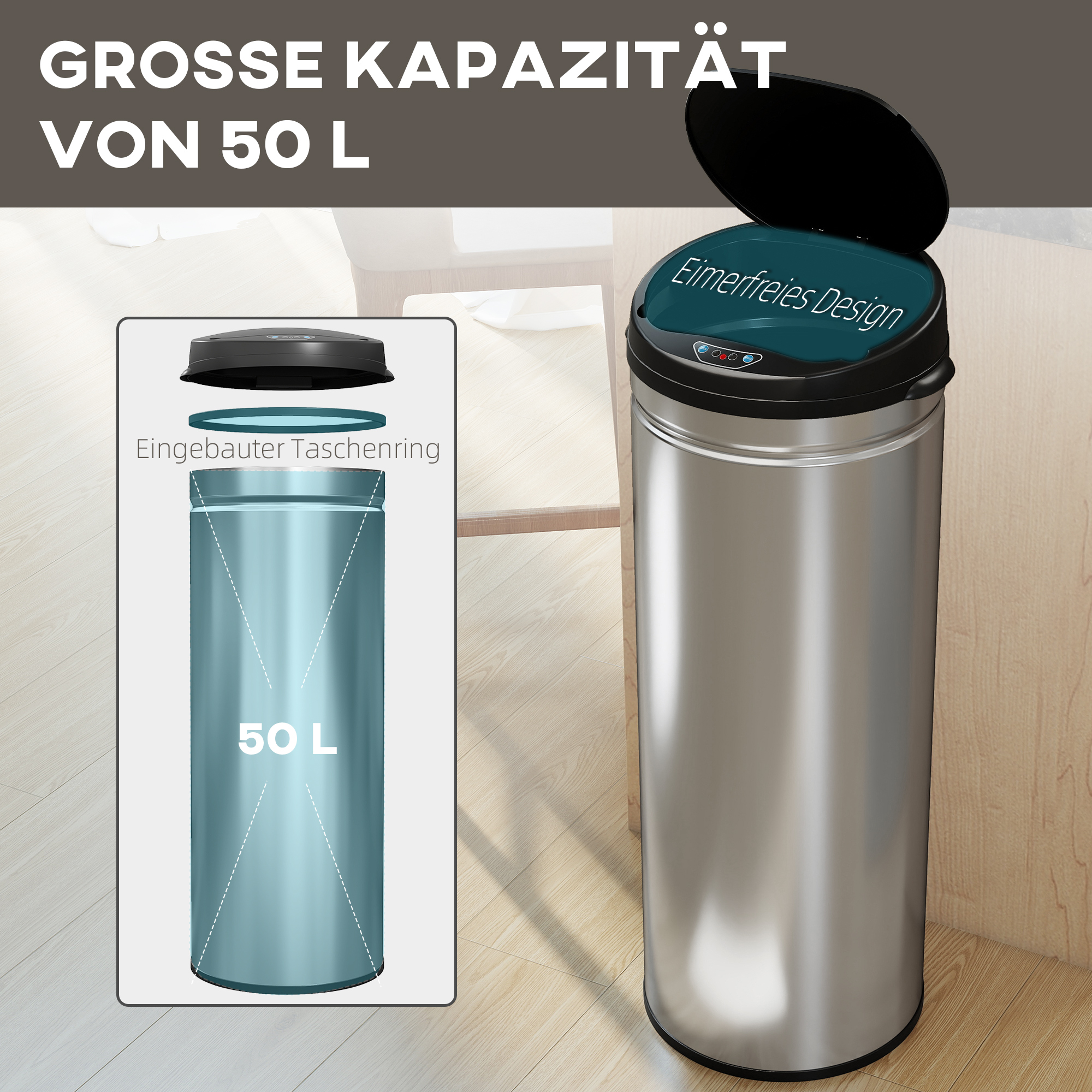 50 Liter Sensor-Mülleimer mit Soft-Close-Funktion, berührungsfreier Abfalleimer aus Edelstahl für hygienische Küchen, Büros, Silberfarben