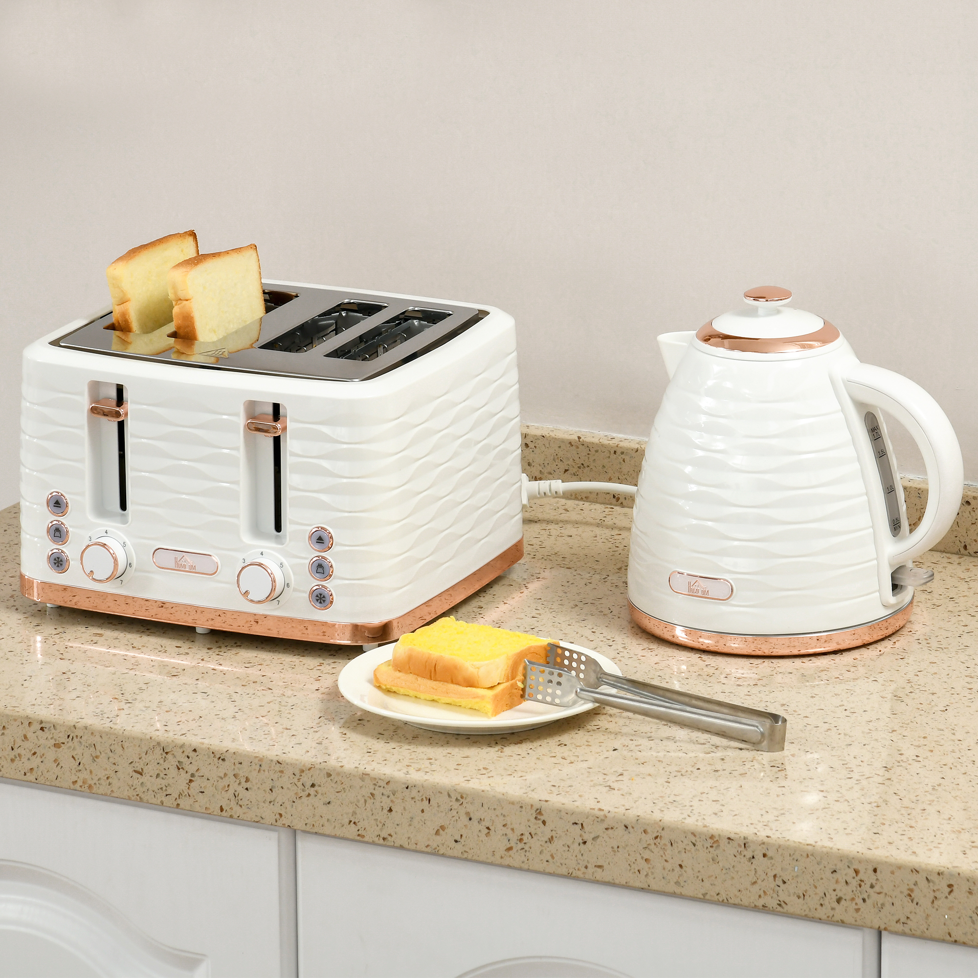2-in-1 Toaster- und Wasserkocher-Set, 7 Bräunungsstufen, Auftau- und Aufwärmfunktion, Cremeweiß