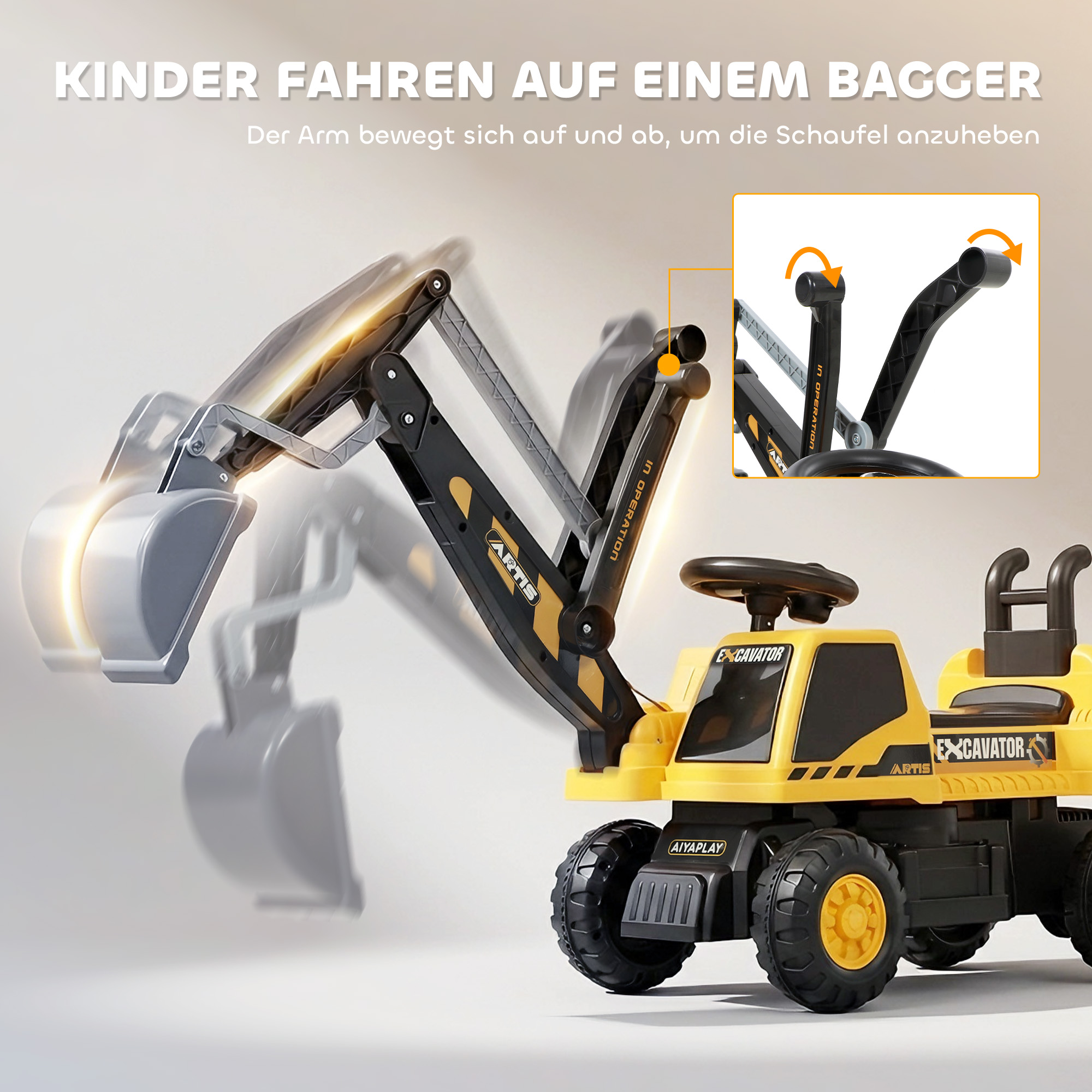 Sitzbagger Aufsitzbagger mit Schaufel Lenkrad drehbar Aufbau verstellbar Rückenlehne für Kinder 1,5-3 Jahre Gelb