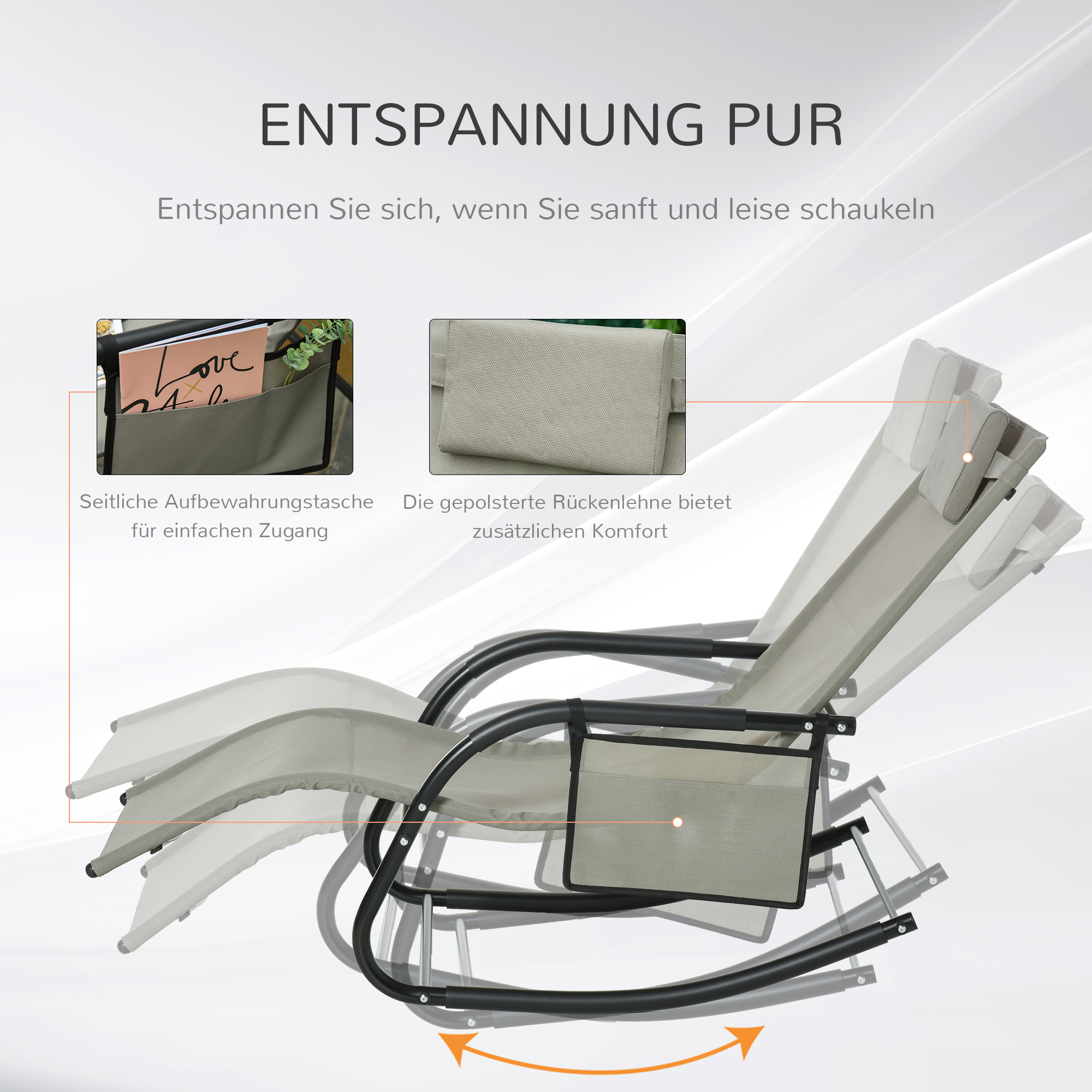 Schaukelstuhl Schwingsessel Gartenstuh Schaukelliege Metall Mesh Schwarz+Hellgrau 150 x 62 x 88 cm