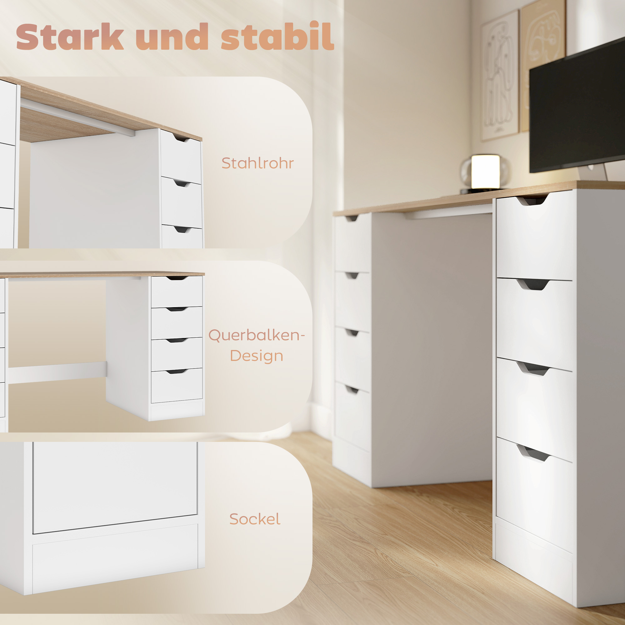 140 cm Computertisch, 8 Schubladen, Schreibtisch für Homeoffice, Schlafzimmer, Stahl, Holz, Weiß