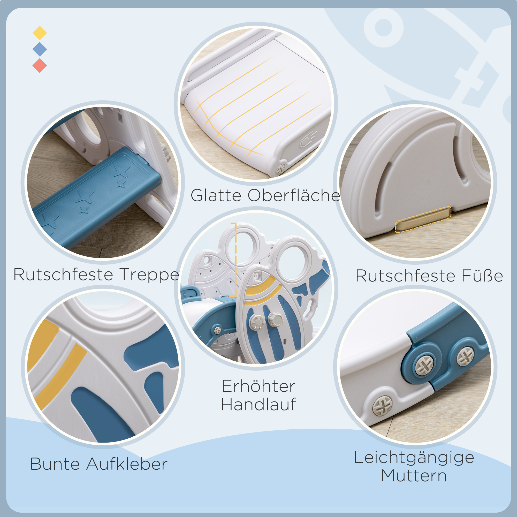 Rutsche für Kinder 1,5 bis 3 Jahre, Raketen-Design, Sticker-Set, blau, 157 x 46,5 x 80 cm