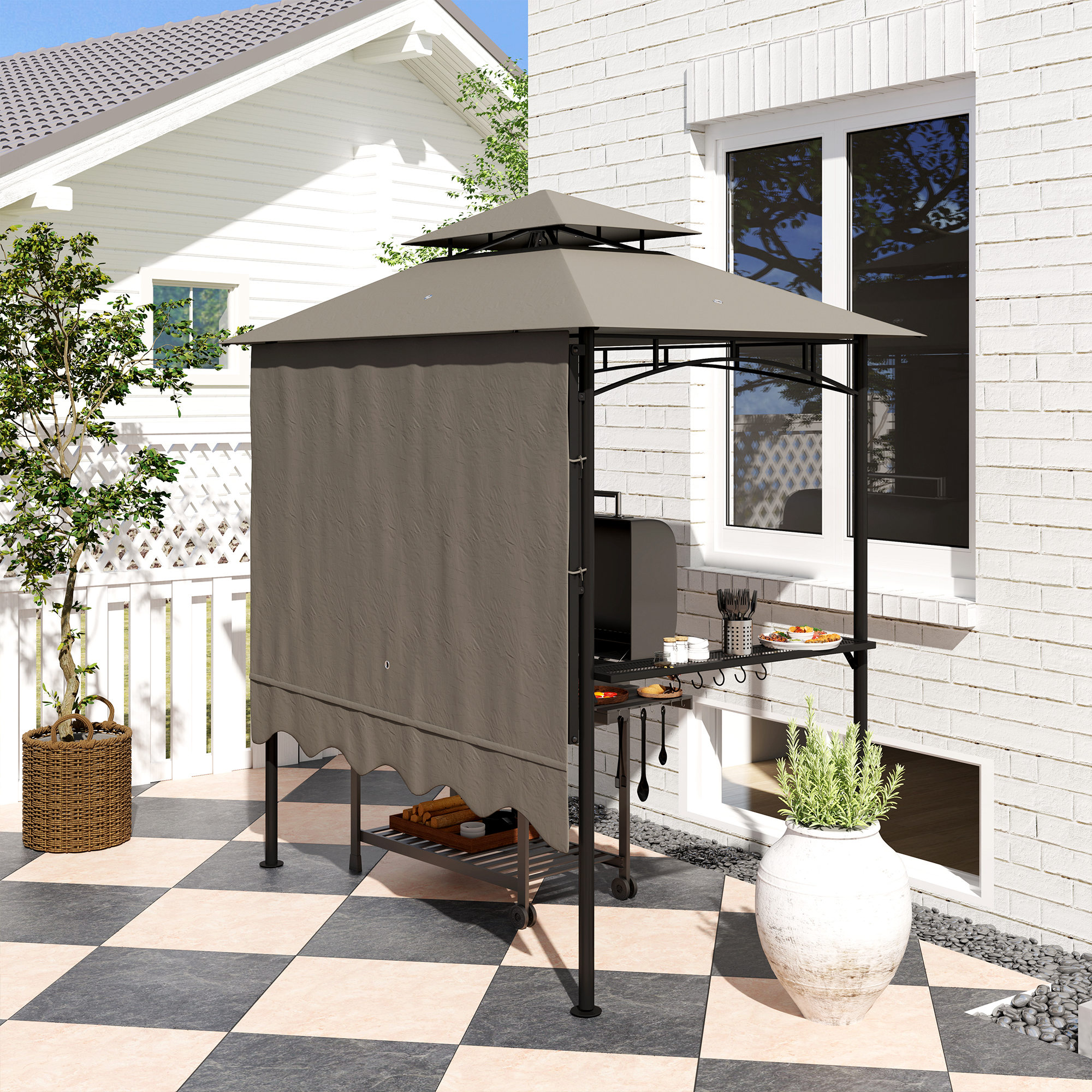 Grillpavillon 242x149x248 cm wasserabweisend flammhemmend Gartenpavillon mit Doppelschichtdach Grau