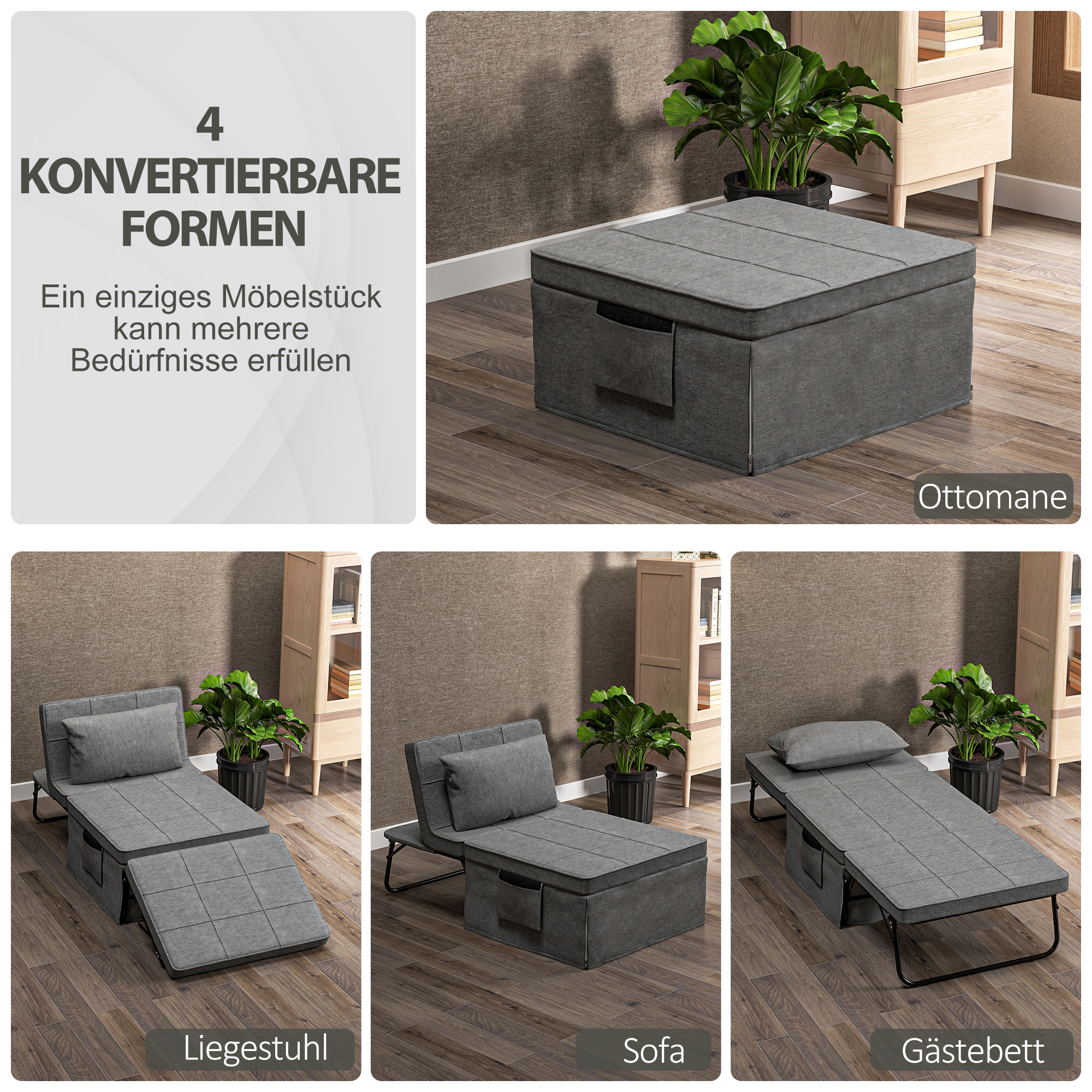 4-in-1 Klappbett, Gästebett, höhenverstellbar, Matratze, Seitentaschen, Metallrahmen, grau, 188 x 75 x 38 cm