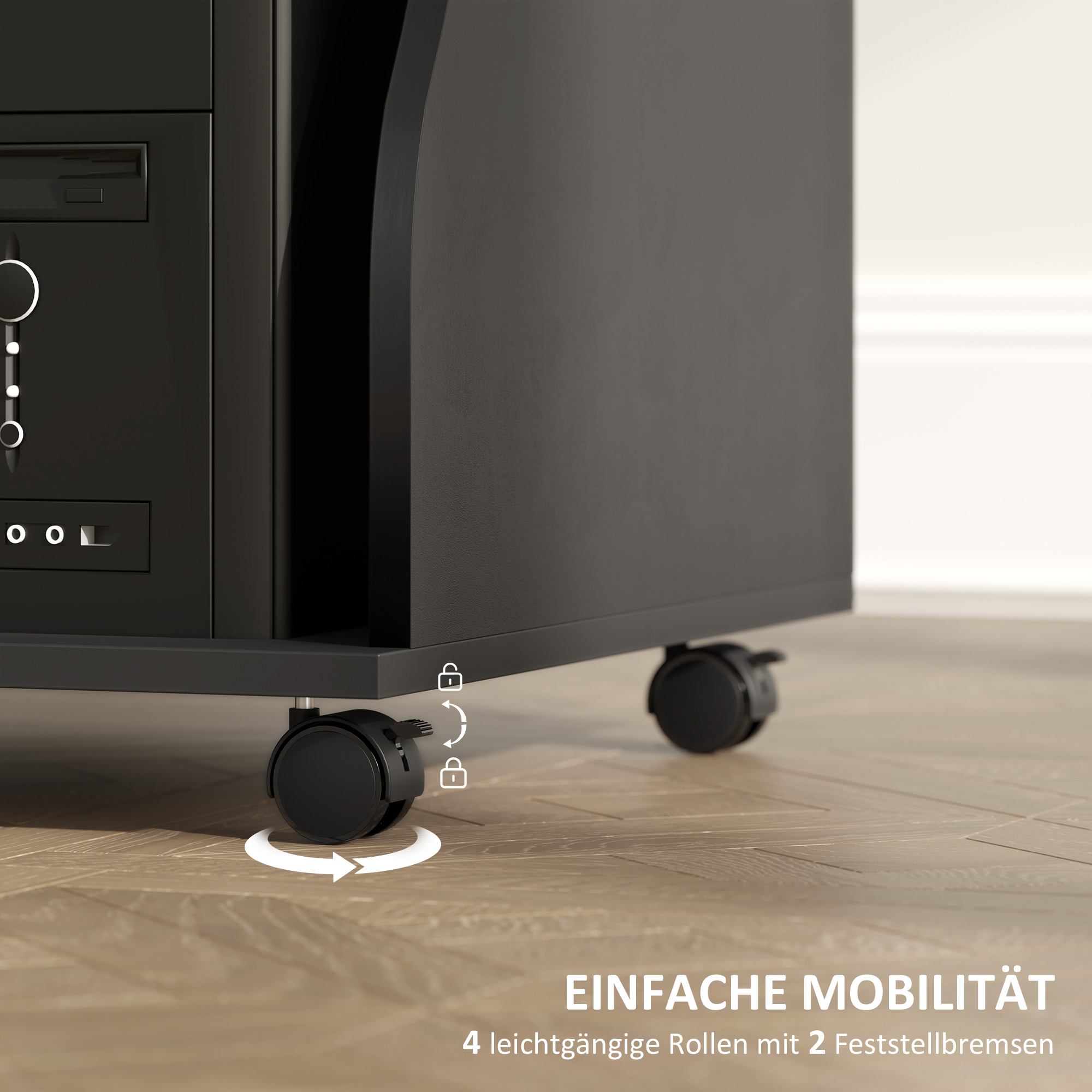 Computertisch mit Rollen, Schreibtisch mit Stauraum, 80 x 48 x 75 cm, Schwarz