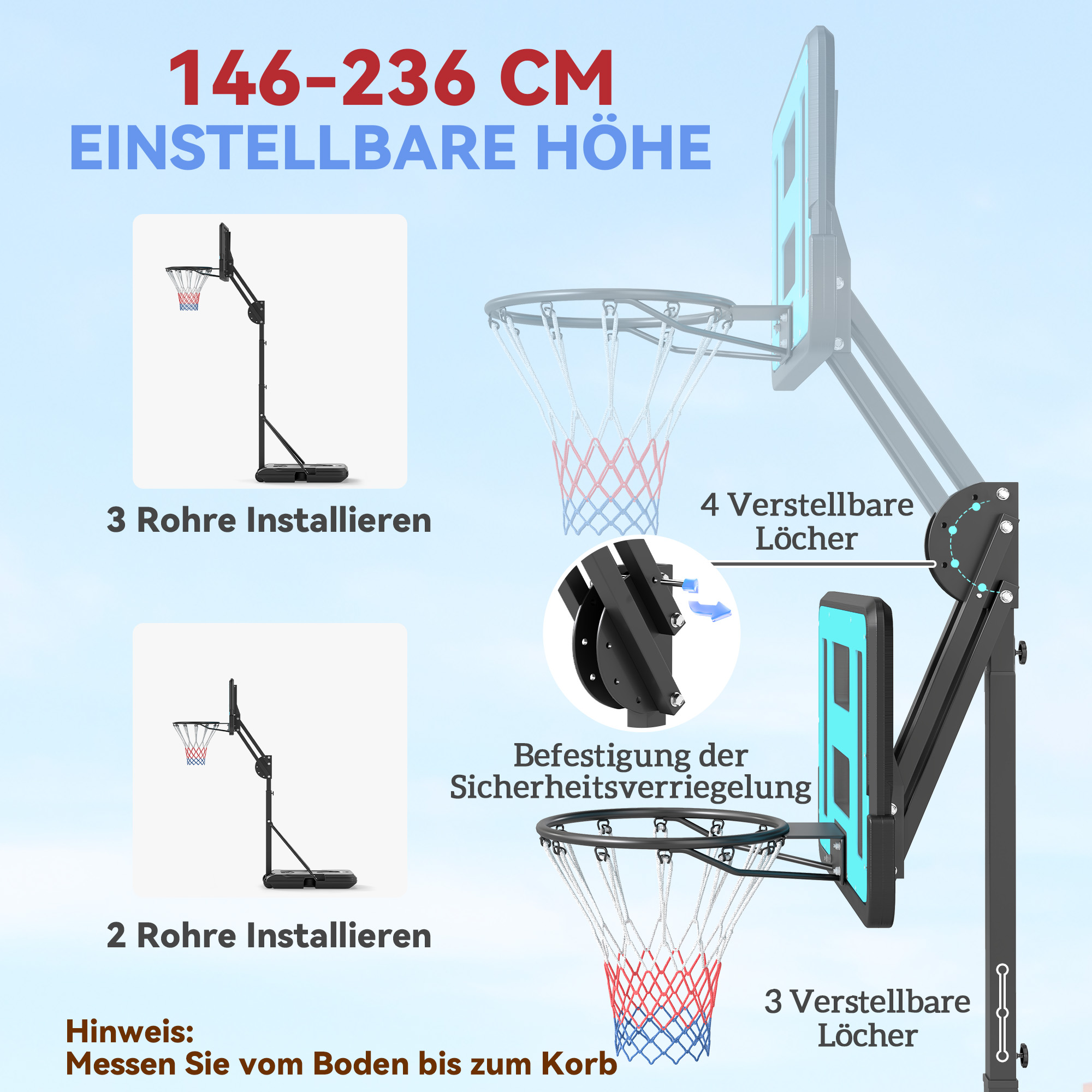 Basketballkorb, 146-236 cm höhenverstellbar, Basketballständer, rollbar, Stahl, Kunststoff, Schwarz