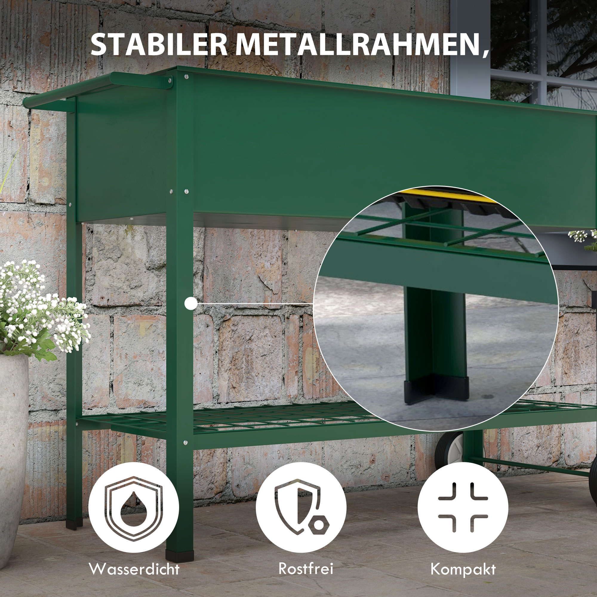 Hochbeet Pflanzbeet Pflanzkasten, 1 Ablage, 2 Rollen, 109 cm x 44 cm x 80 cm, Grün