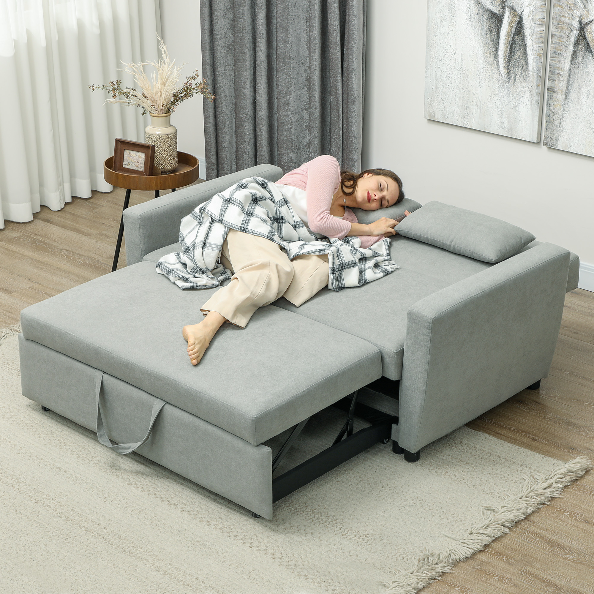 2-Sitzer Sofa mit Bettfunktion, Verstellbarer Rückenlehne, Polstersofa, Samtoptik, für Wohnzimmer, Schlafzimmer, Hellgrau