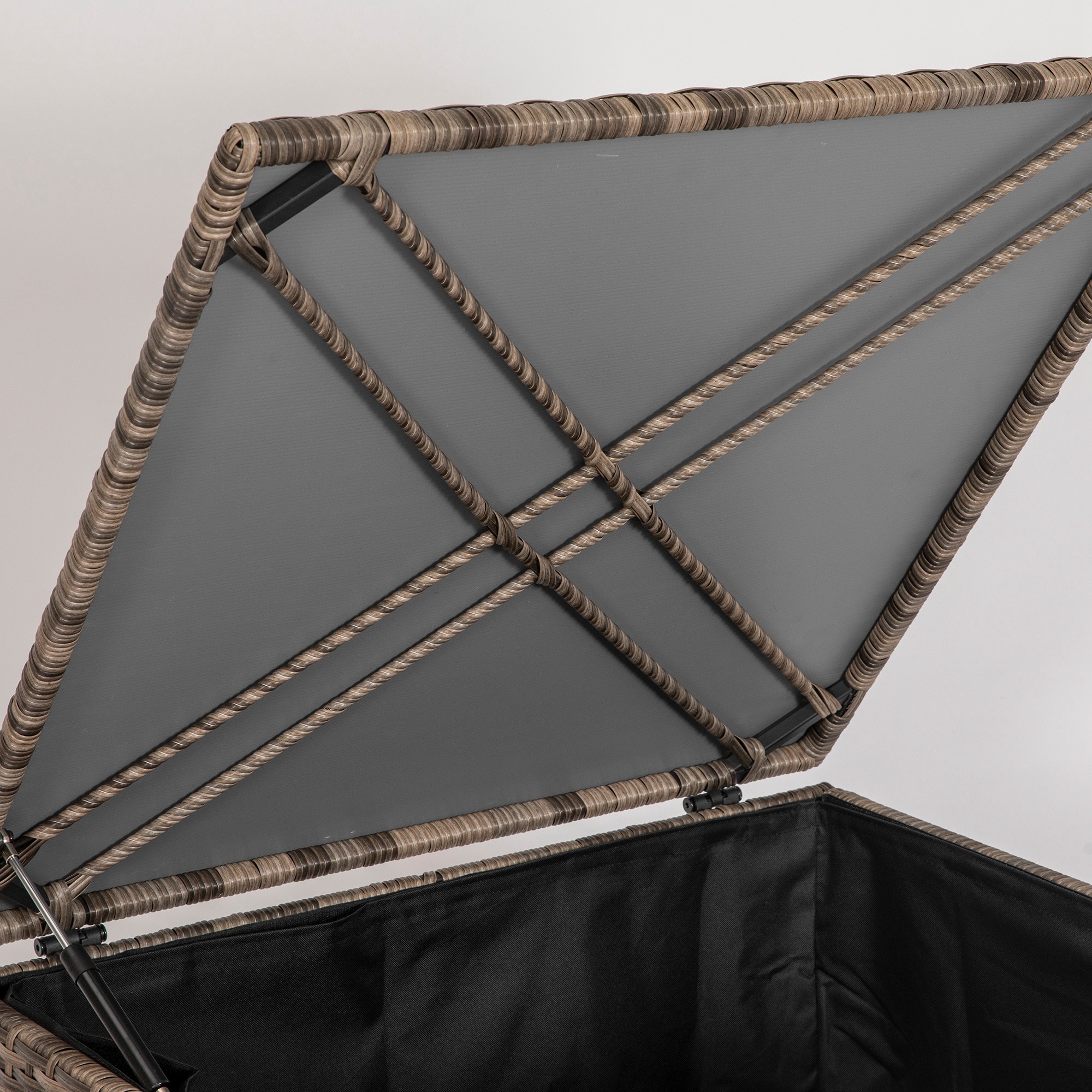 Polyrattan Auflagenbox, Stoff-Innenauskleidung, leichtes Öffnen/Schließen, Metallrahmen, 75B x 75T x 70H cm, Schwarz