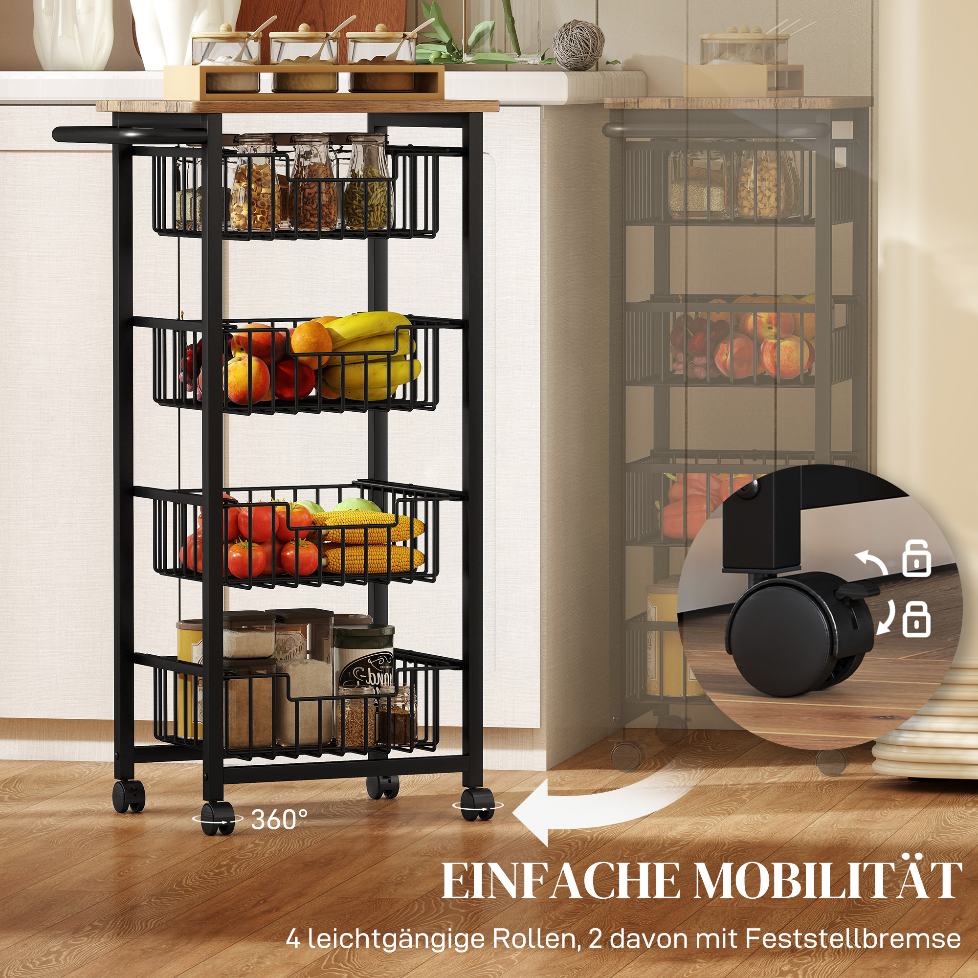 4-stufige Küchenwagen auf Rädern, Rollbarer Servierwagen, Küchen-Trolley mit 4 Stahlkörben, Servierwagen