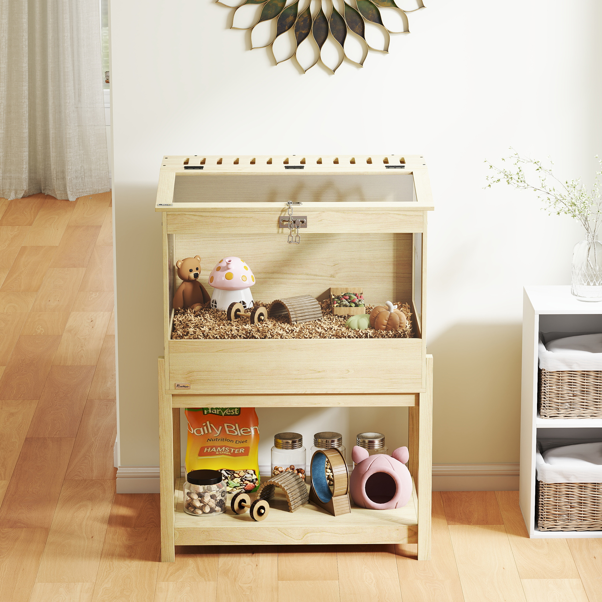 Hamsterkäfig 2 Etagen Nagerkäfig Kleintierkäfig mit klappbarem Deckel, groß 83,2 x 50 x 103 cm Naturholz