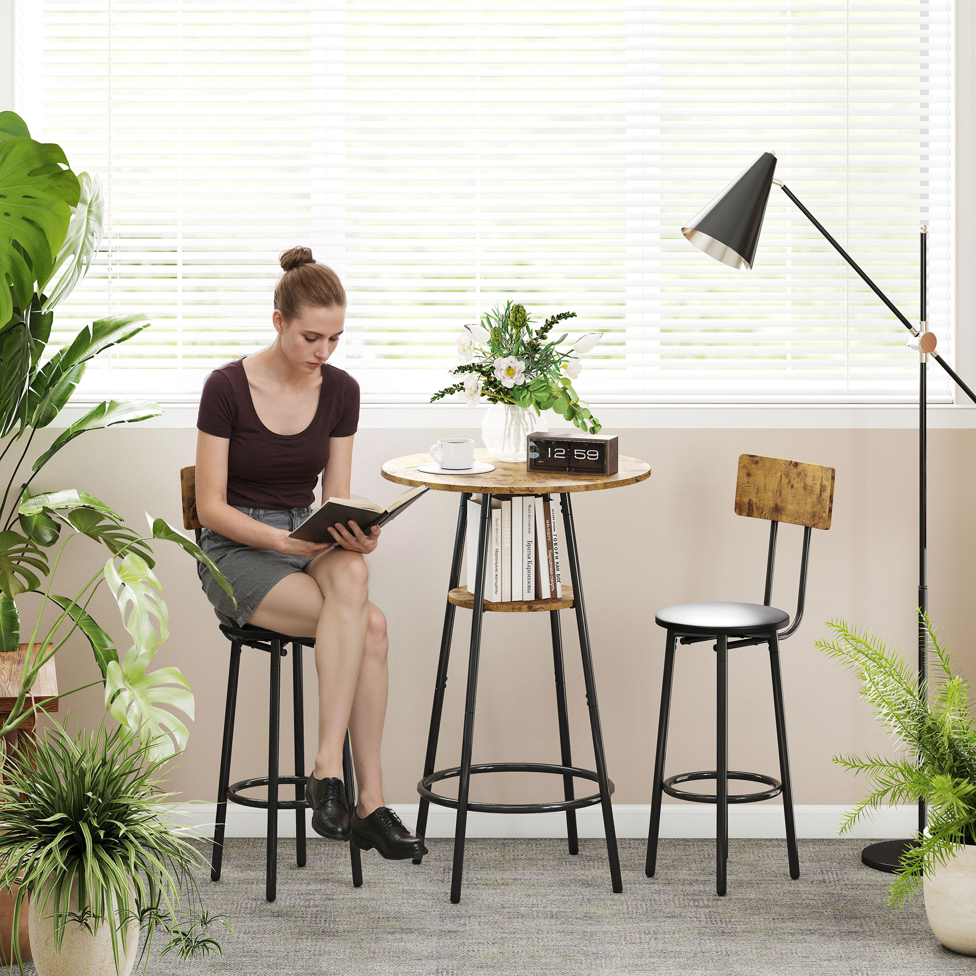 3-teiliges Bartisch-Set mit 2 gepolsterten Hockern, Kunstleder-Bezug, Rückenlehne, Metallgestell, Braun