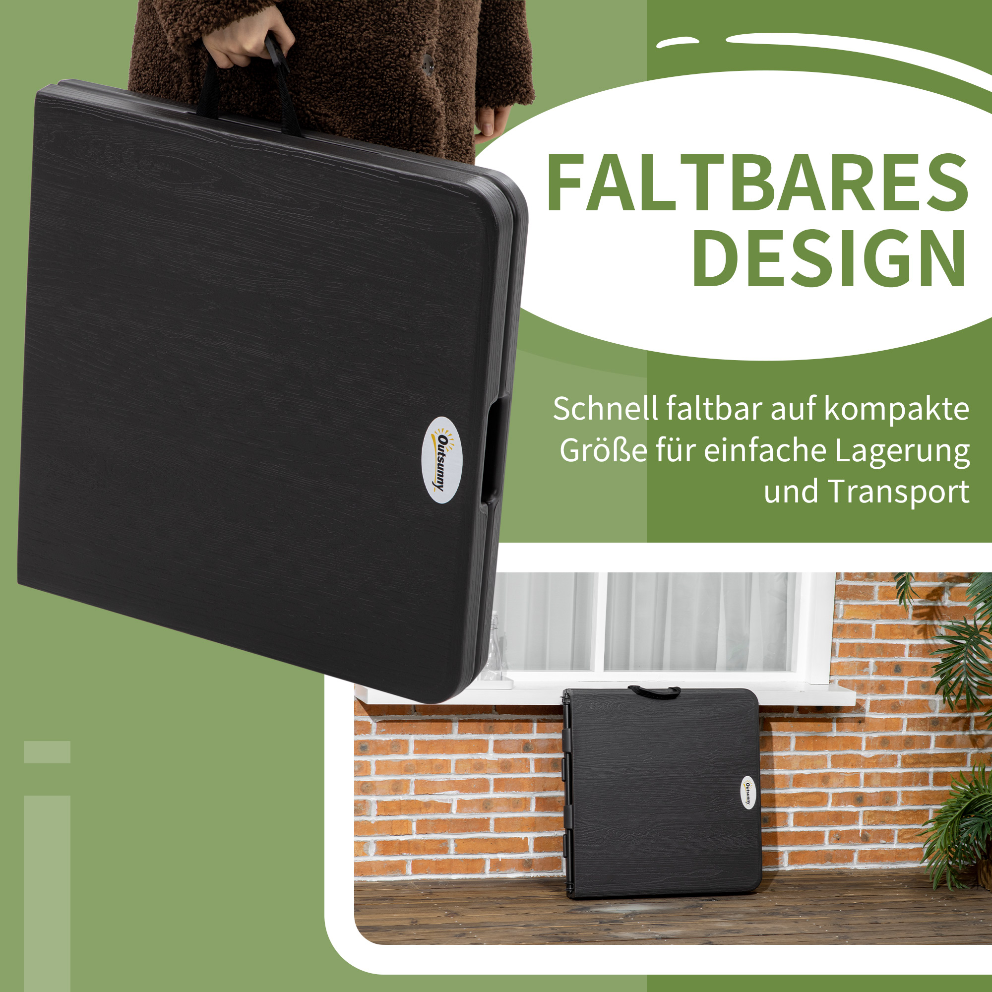 Outdoortisch, Gartentisch, für 4 Pers,, klappbar, höhenverstellbar, Holzoptik, grau+schwarz, 118 x 60 x 74 cm