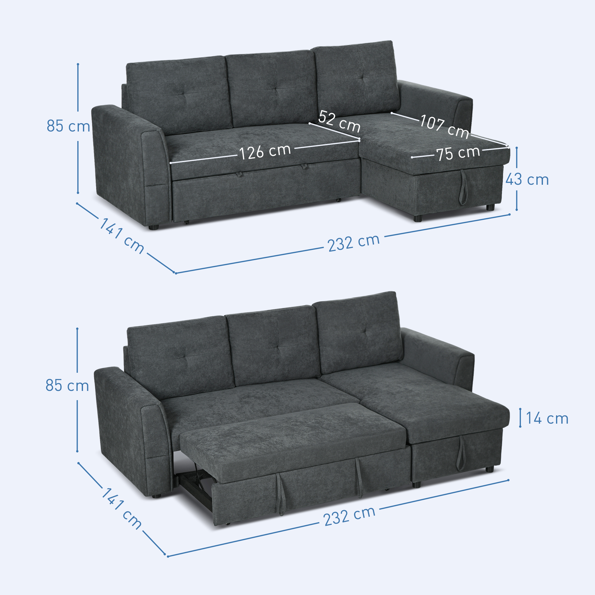 3-Sitzer-Sofa mit Bettfunktion, Schlafsofa mit Chaiselongue, Polstersofa, Dunkelgrau