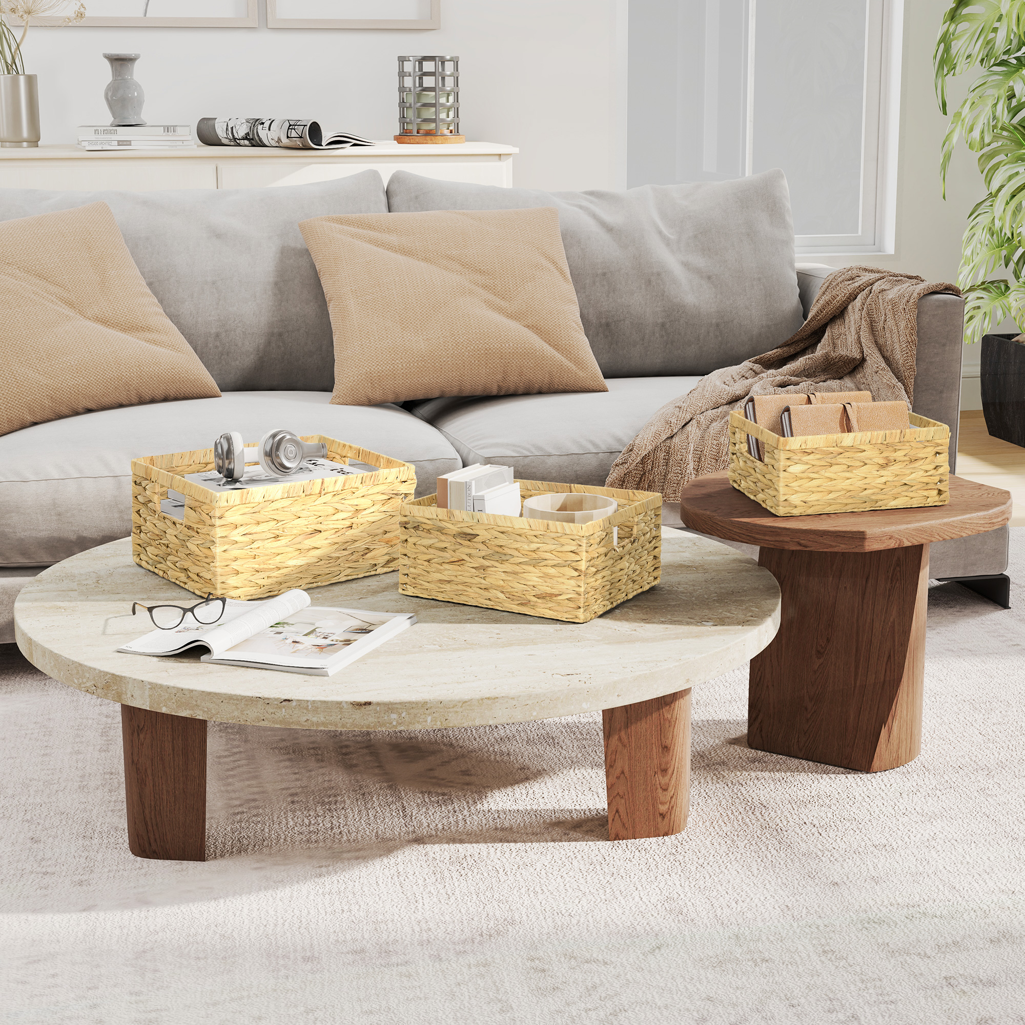 3er-Set Aufbewahrungskörbe mit Griffen und Metallgestell, für Regale, Schlafzimmer Wohnzimmer, Badezimmer, Naturton