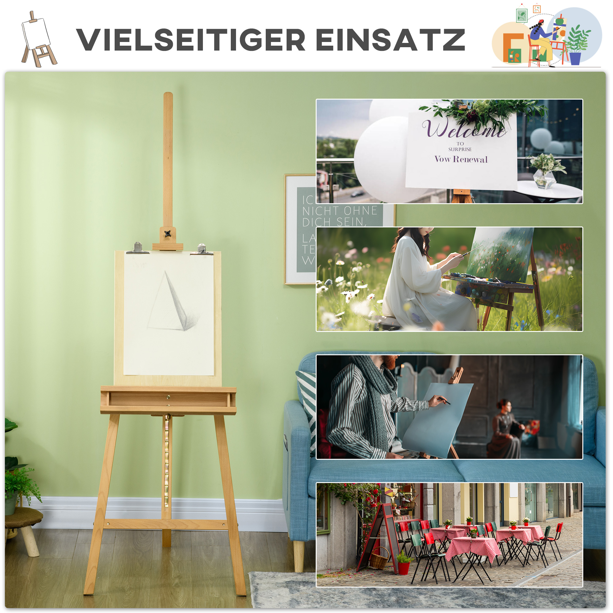 Staffelei, Holzstaffelei, höhenverstellbar, klappbar, Stiftablage, Buchenholz, 65 x 110 x 180-235 cm