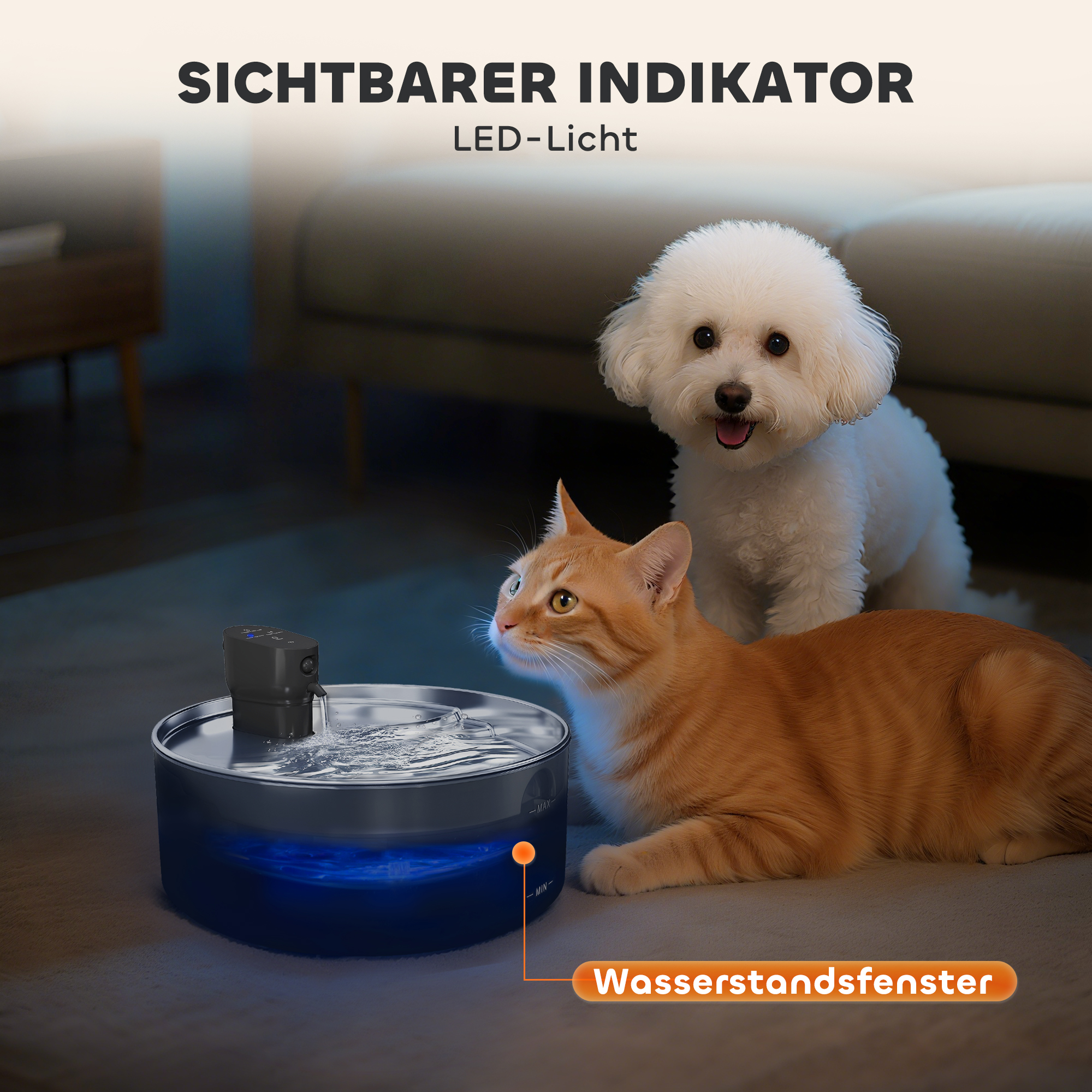 Katzenbrunnen 7L Trinkbrunnen für Katzen mit leiser Pumpe LED Aktivkohlefilter Edelstahl 30,6 x 30,6 x 17,2 cm