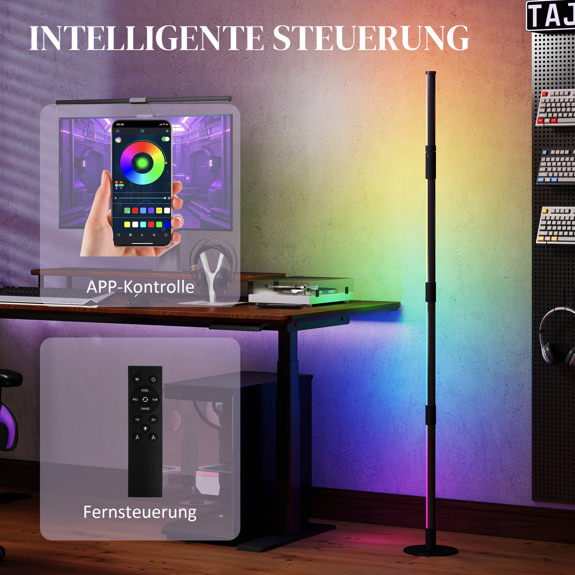 LED-Stehlampe, Standfußlampe mit Fernbedienung und verschiedenen Farben, Timer, App, Musik-Synchronisation, Dunkelgrau