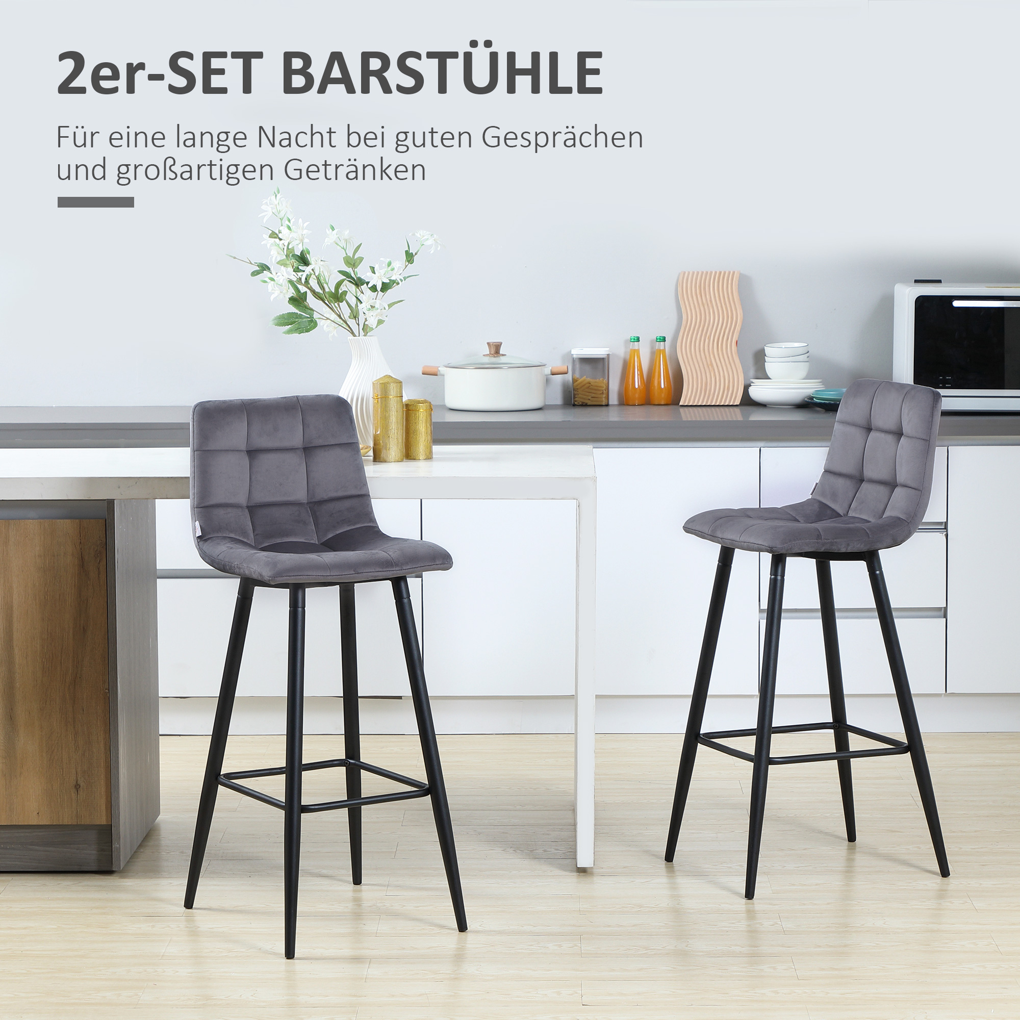 2er-Set Barhocker mit Fußstütze im Retrodesign 42 cm x 47 cm x 105 cm Grau