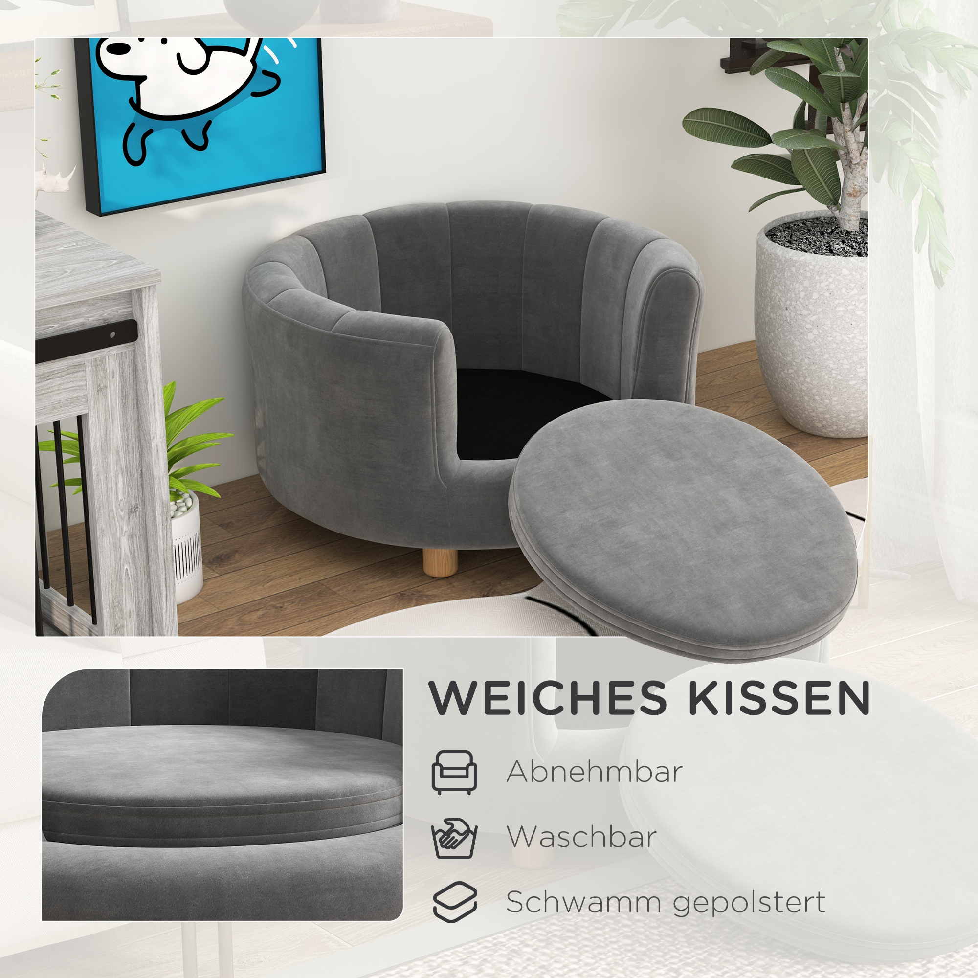 Haustierbett für Hunde und Katzen, Holzbeine, erhöht, Flanellbezug, abnehmbares Kissen, Grau