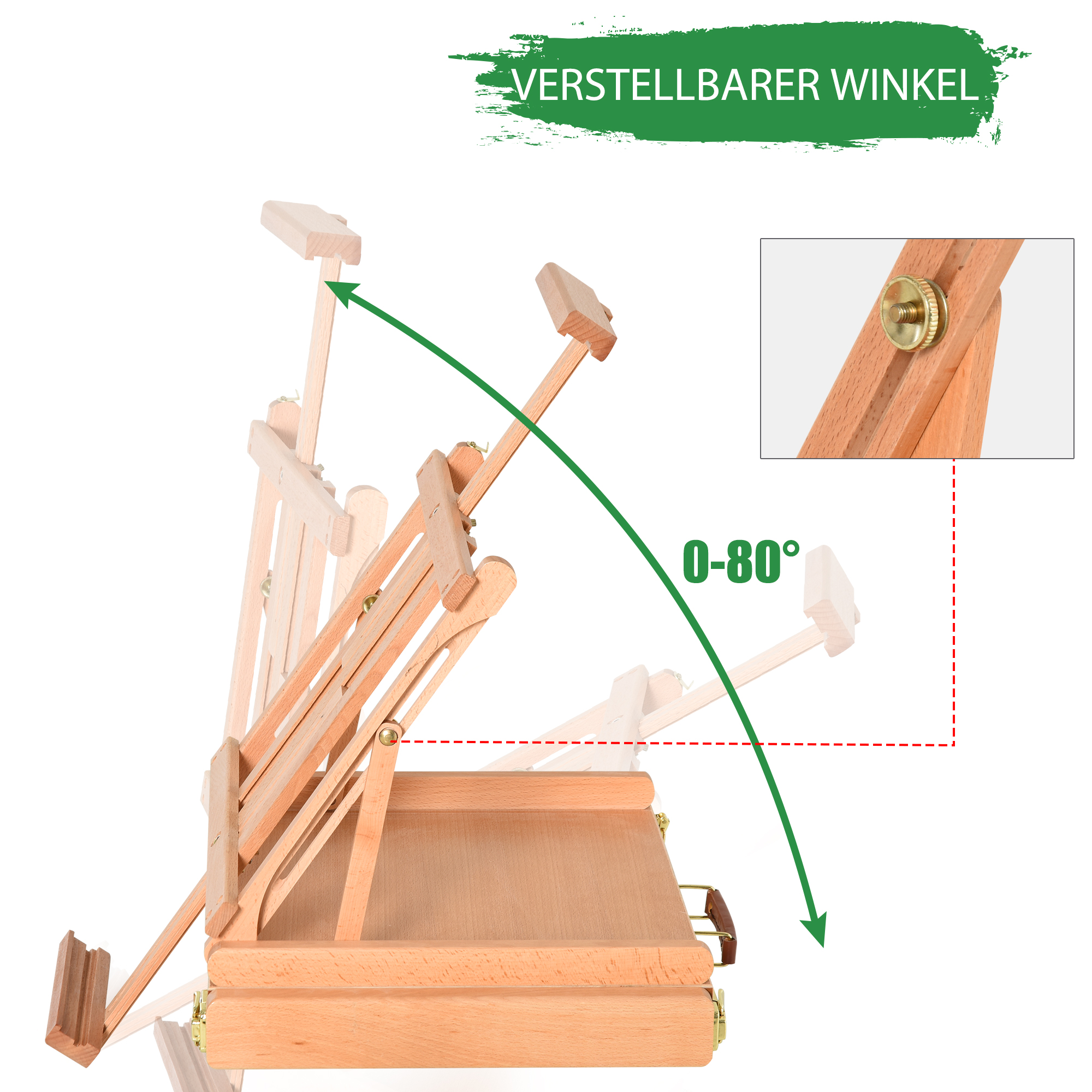 Staffelei Keilrahmen Kofferstaffelei Atelierstaffelei Winkelverstellbar Faltbar mit Schublade Buchenholz Natur 42 x 36 x 12,5 cm