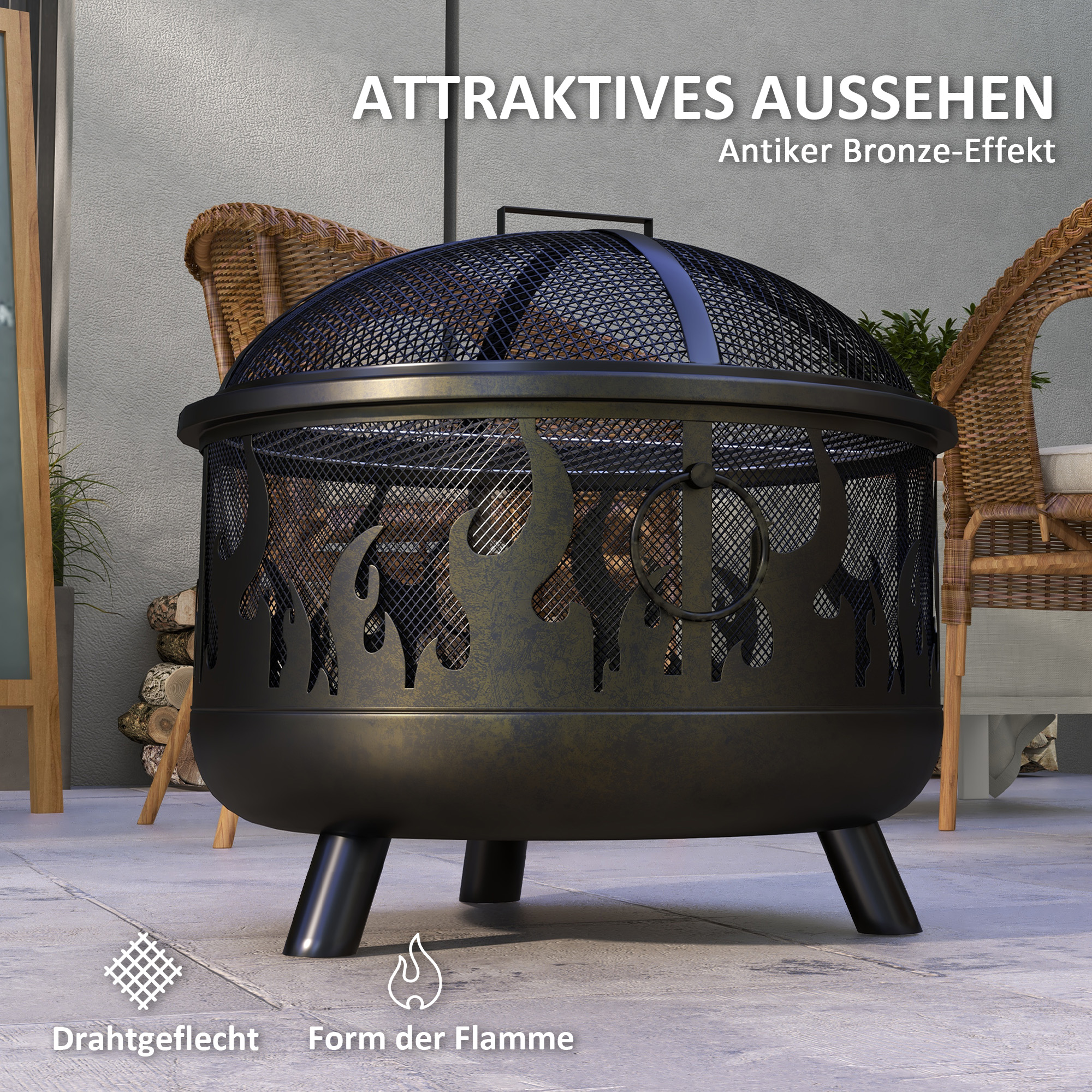 Feuerschale Feuerstelle, inkl, Funkenschutz, 1 Schürhaken, Ø61,5 cm x 52 cm, Schwarz