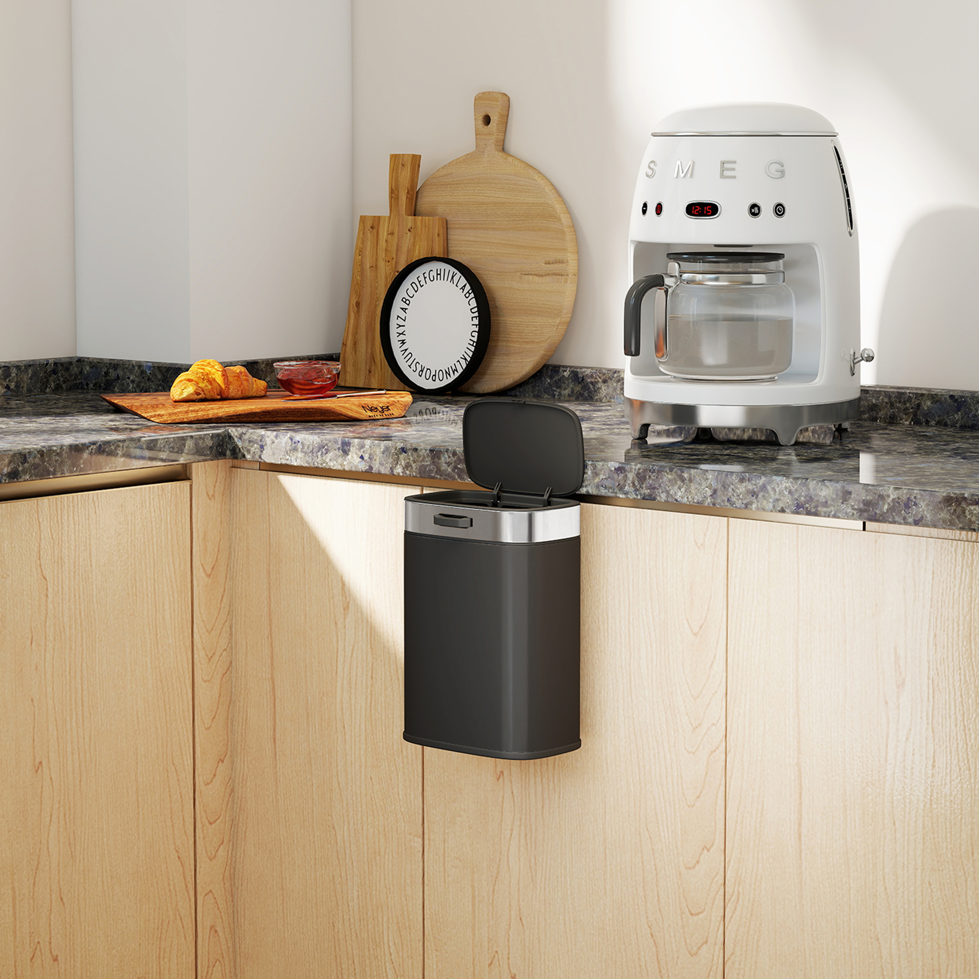 Mülleimer, Edelstahl Küchenmülleimer mit offen bleibendem Deckel, herausnehmbarer Inneneimer, 21,5x19,5x30 cm, Schwarz