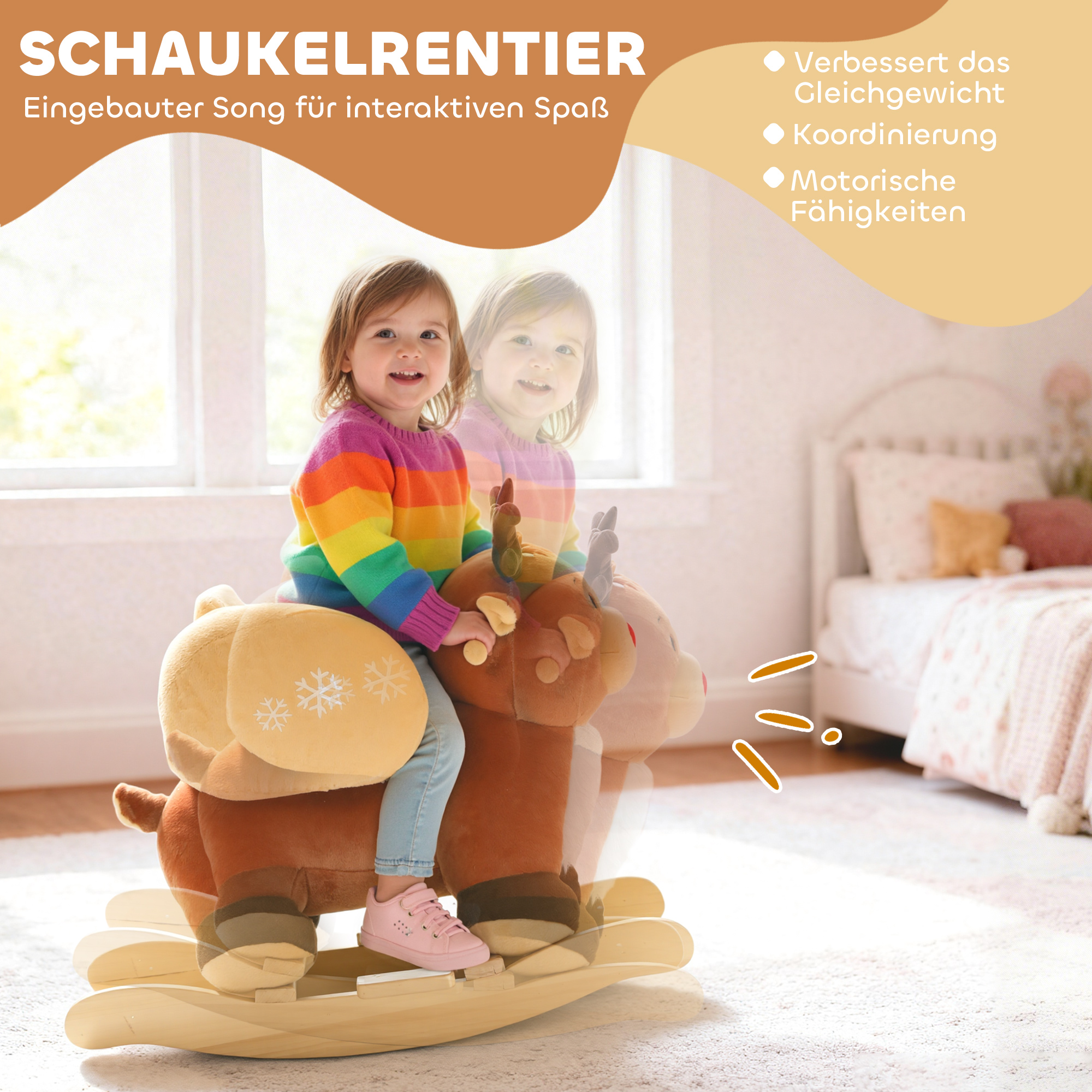 Kinder Schaukelpferd Baby Schaukeltier Rentier mit Schlafliedern, für 18-36 Monate Plüsch 65 x 35 x 59 cm Braun