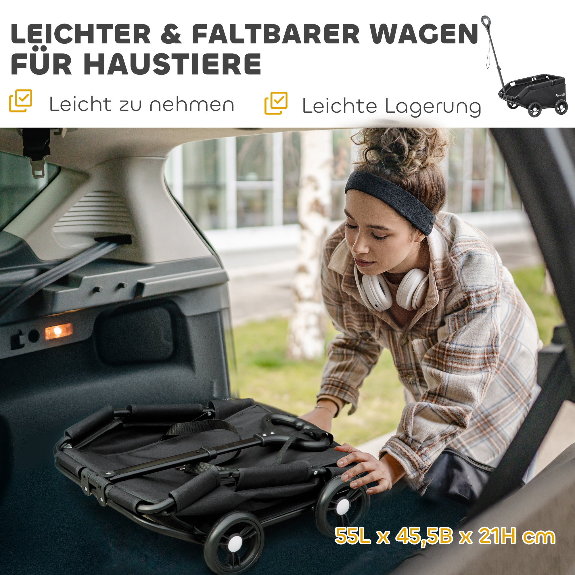 Hundewagen, klappbarer Hundebuggy für Zwergenhunde bis zu 4 kg, zusammenklappbarer Katzenbuggy mit Griffstange, waschbarem Kissen, Sicherheitsleinen, Aufbewahrungstasche, 4 Räder, Schwarz