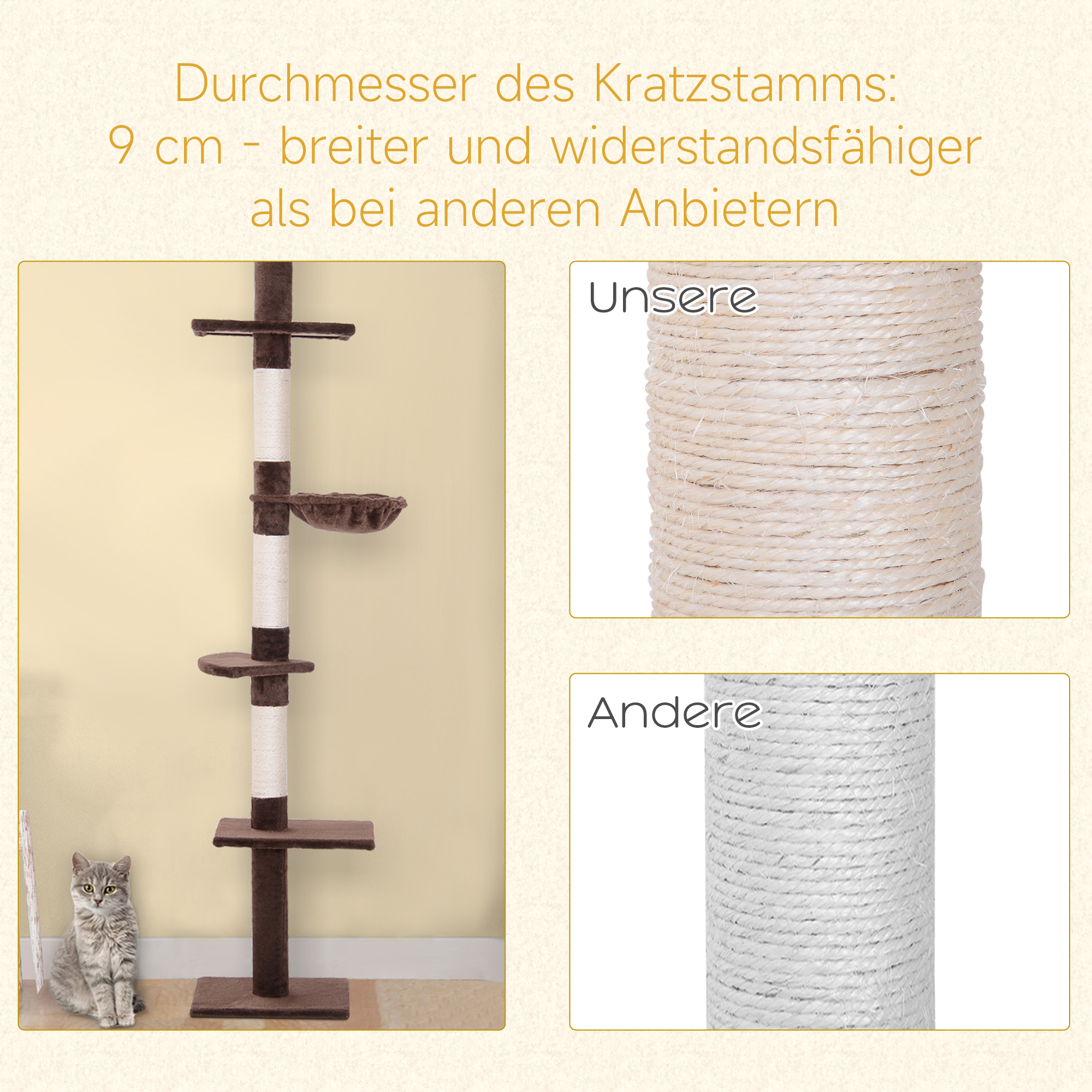 Kratzbaum Deckenhoch höhenverstellbar, stabiler Katzenbaum mit Sisalsäulen, Katzen Kletterbaum, Braun, 40 x 34 x 230-260 cm