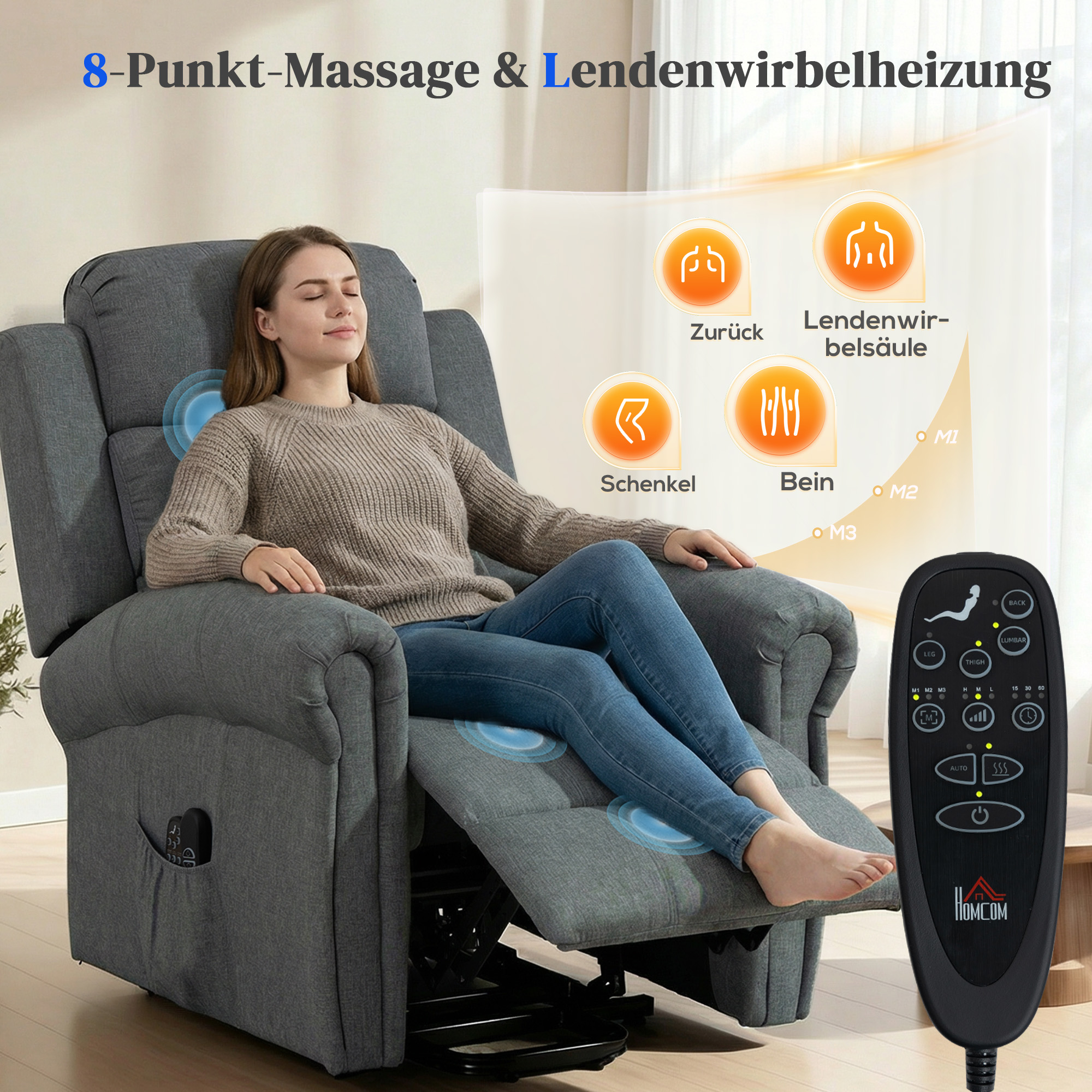 Massagesessel mit Aufstehhilfe, Relaxsessel, Vibrationsköpfe, mit Neigefunktion, Leinenoptik, Grau