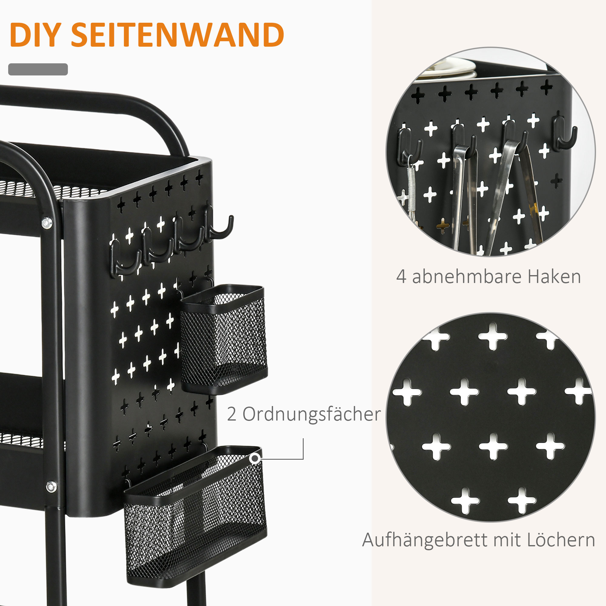 Küchentrolley mit Lochtafel, Handtuchhalter, Aufbewahrungskörbe, Schwarz