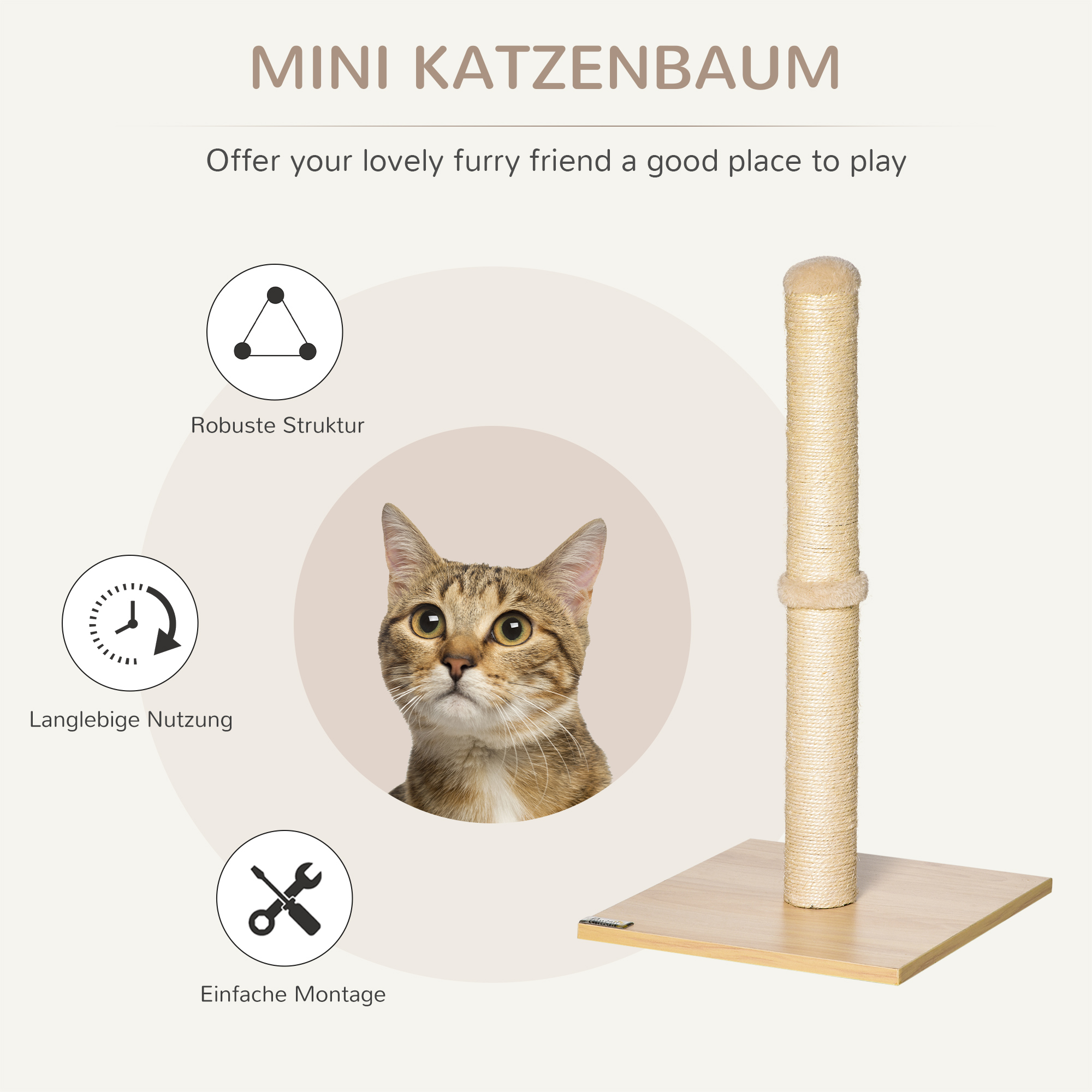 Kratzstamm für Katzen Kratzsäule aus Sisal stabiler Kratzbaum Kratz Spielzeug Katze mit Ball 60 cm Spanplatte Sisal Beige+Eiche 34 x 34 x 60 cm