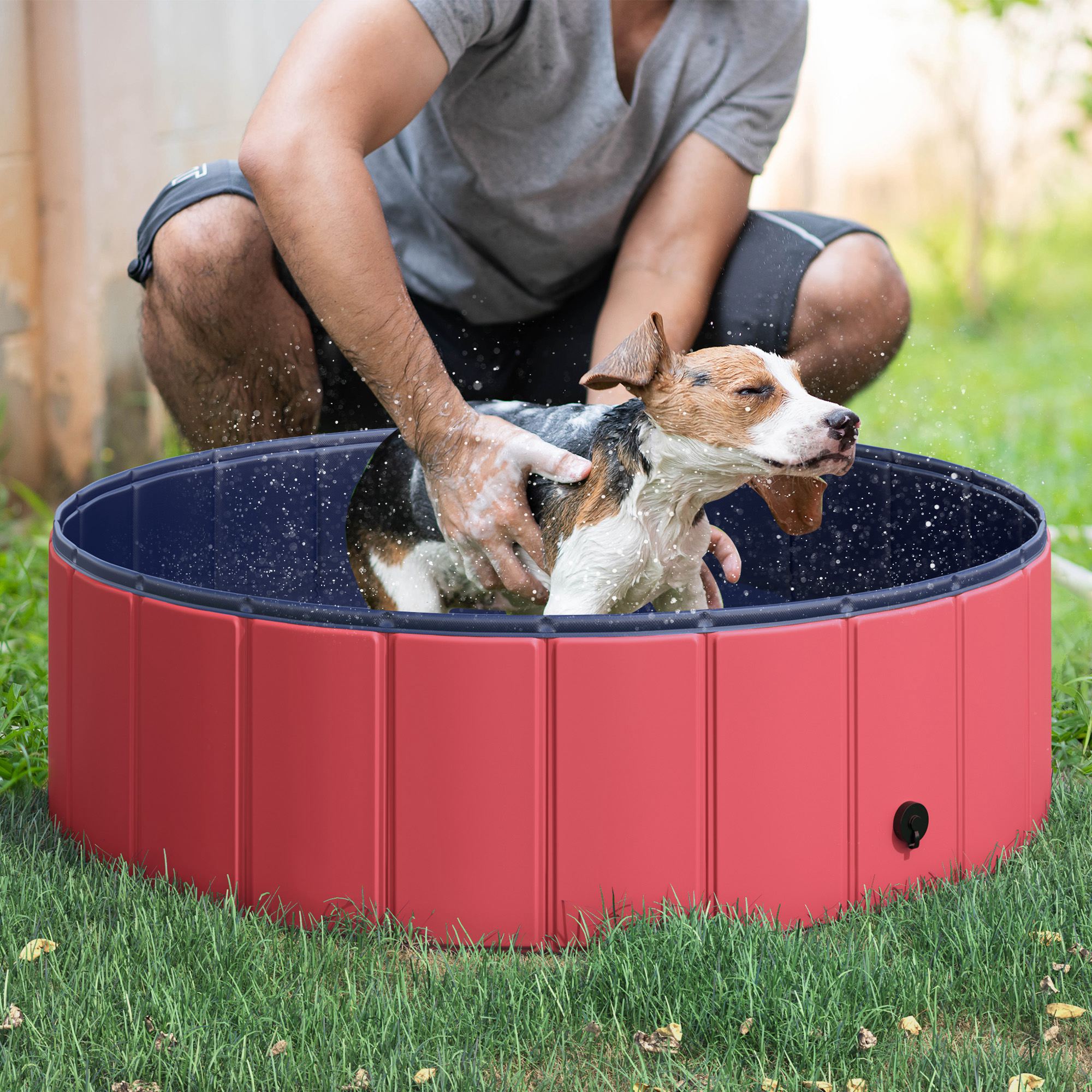 Hundebadewanne faltbar Badewanne Hundepool Plantschbecken Swimmingpool Wasserbecken für Hunde und Katzen Schwimmbecken Kunststoff+Holz Rot Ø100 x H30 cm
