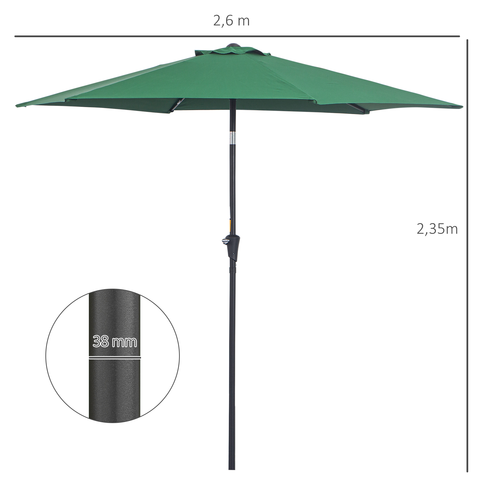 Knickschirm Sonnenschirm Gartenschirm Marktschirm mit Handkurbel Alu 180/? Polyester Dunkelgrün ?2,6 x 2,35 m