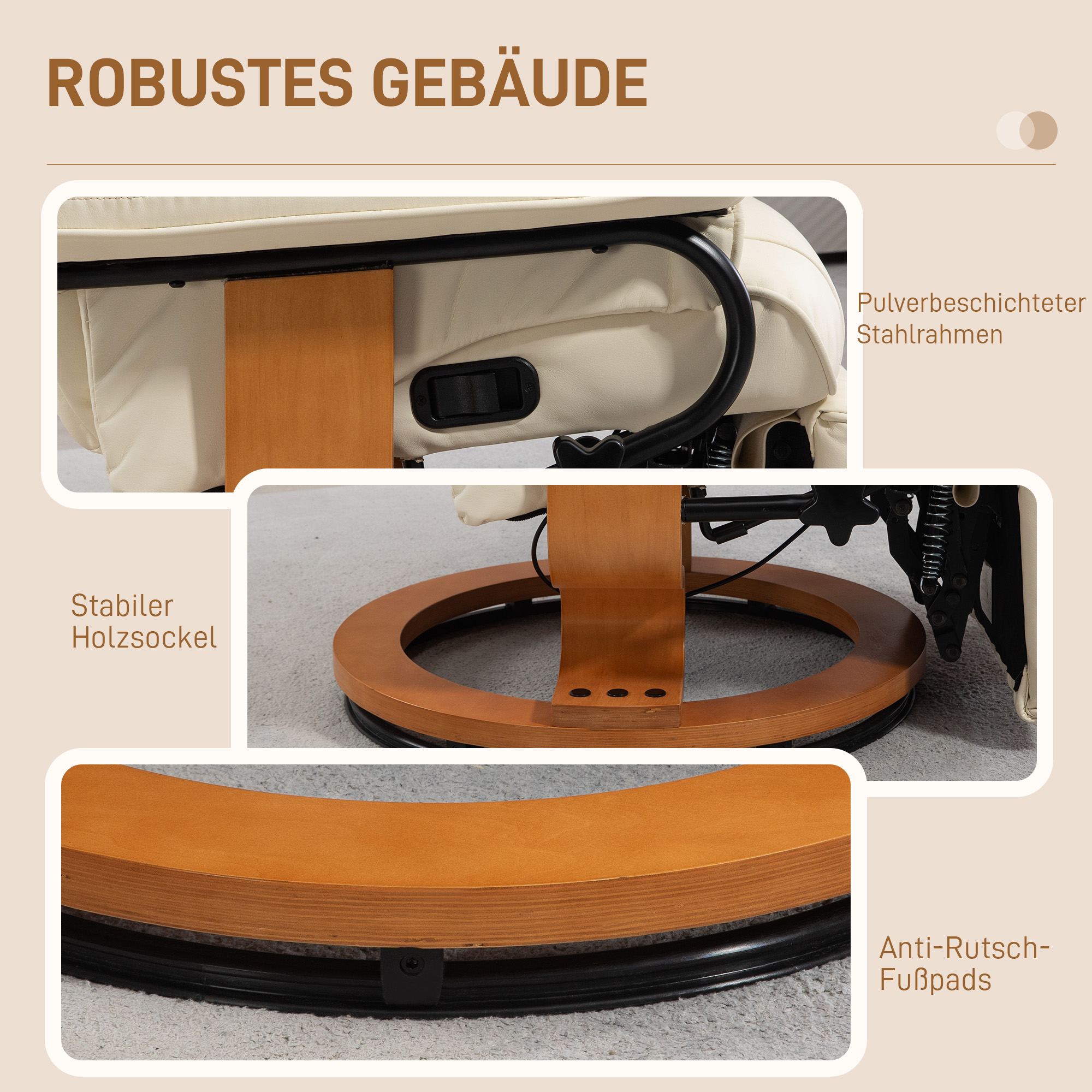 Relaxsessel mit Liegefunktion, drehbar, bis 150 kg, Kunstlederbezug, Stahlrahmen, Cremeweiß